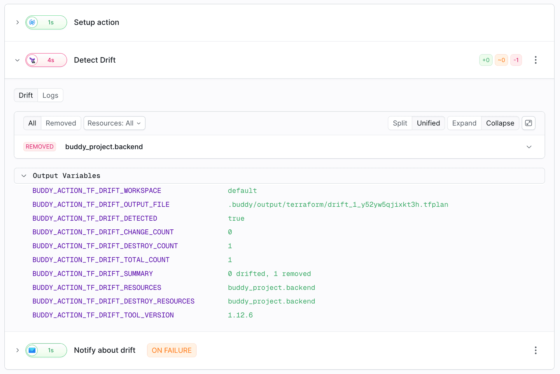Drift Detection result with one removed resource