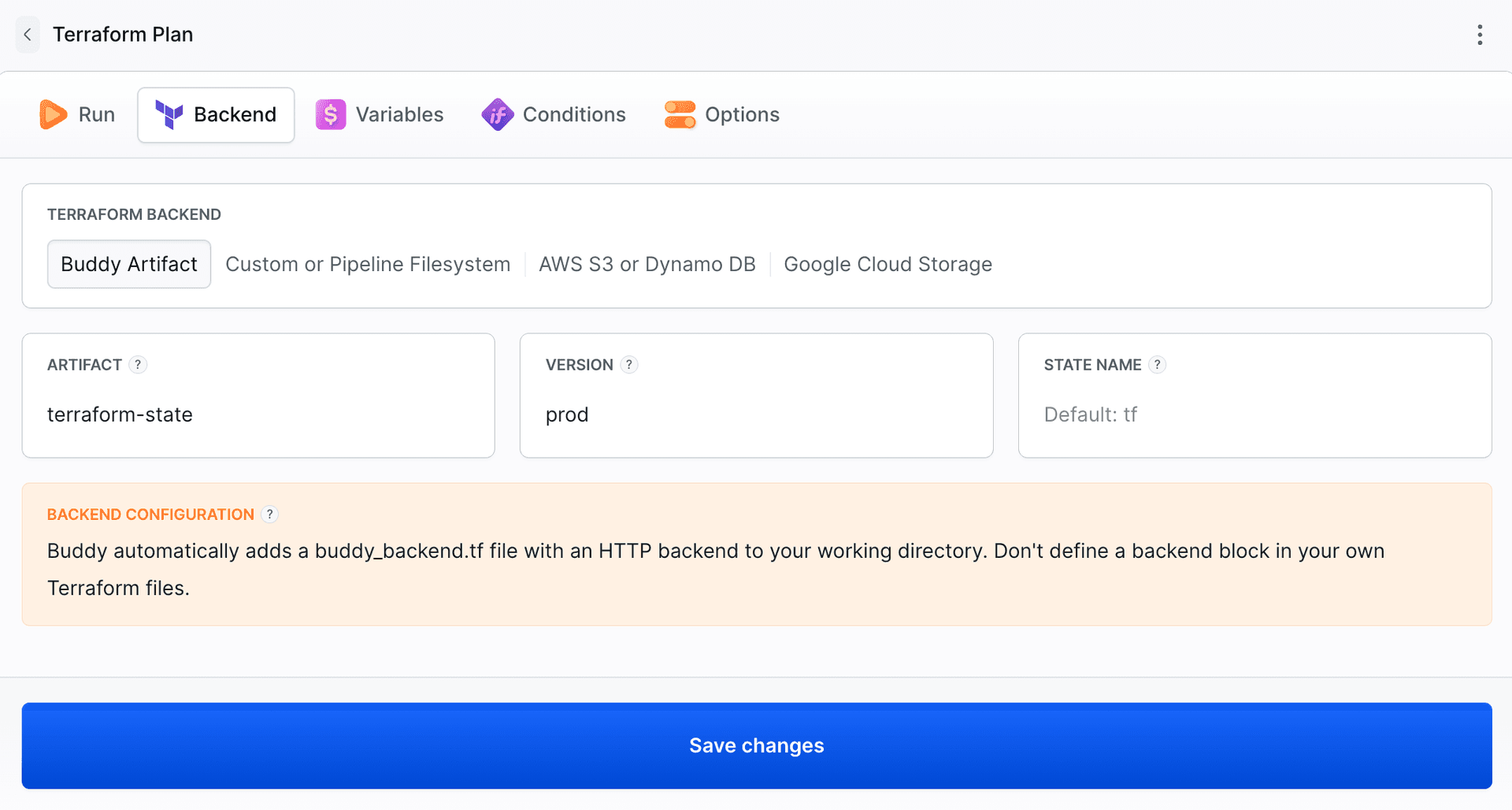 Backend tab with Buddy Artifact selected