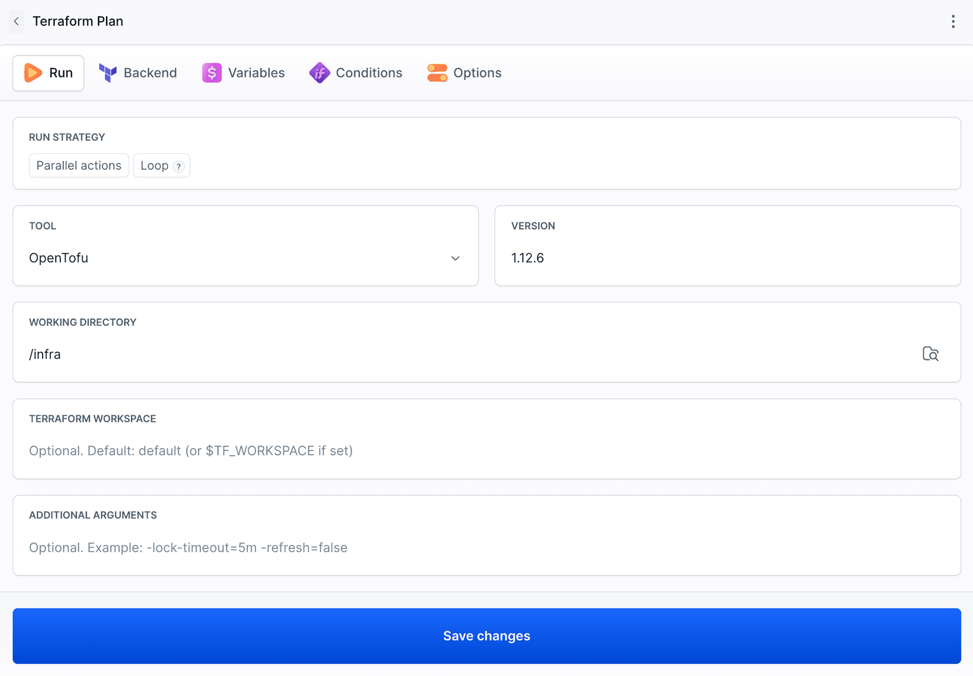 Terraform Plan action settings in the Run tab