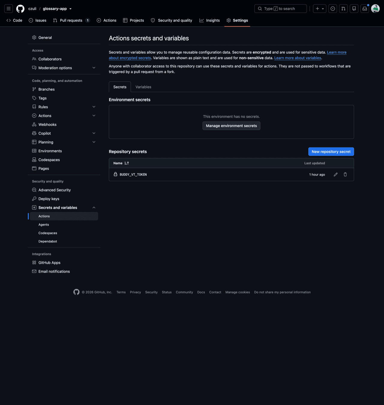 The BUDDY_VT_TOKEN secret added under Settings > Secrets and variables > Actions in a GitHub repository