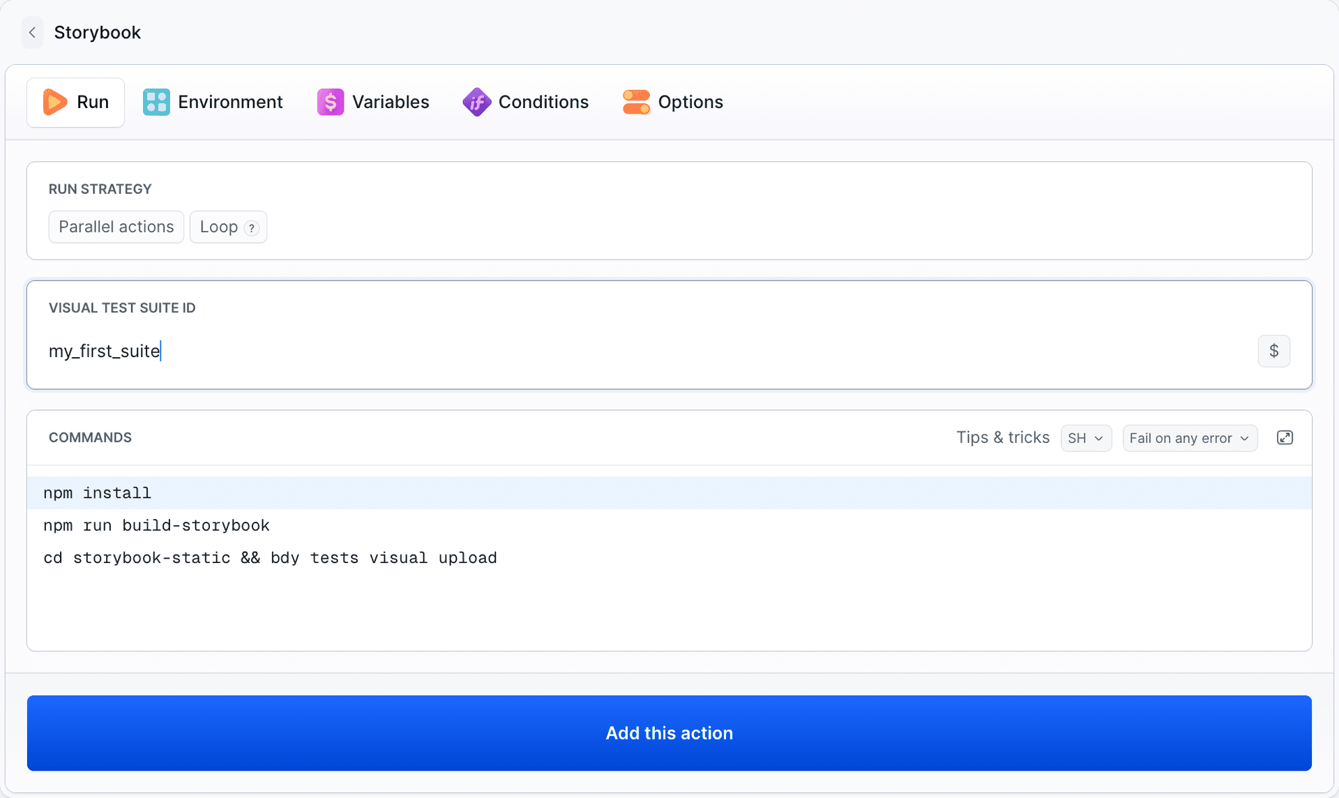 Storybook action with a visual test suite selected