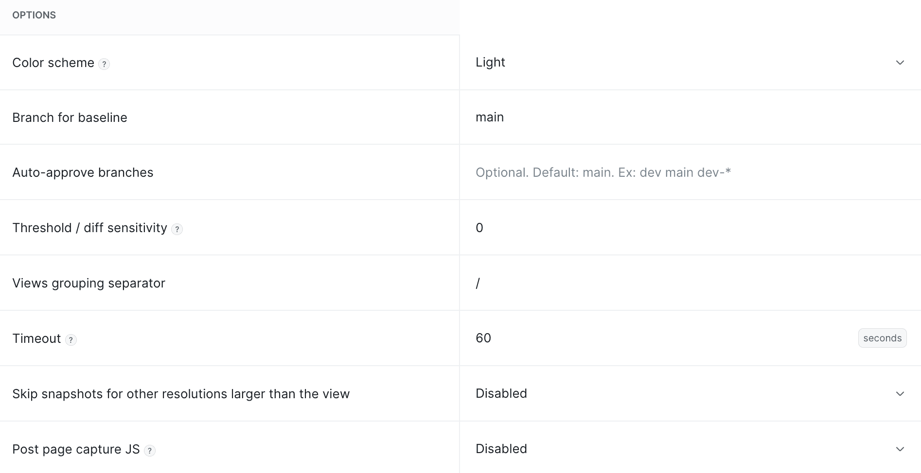 Visual Tests suite options - baseline branch, threshold, timeout