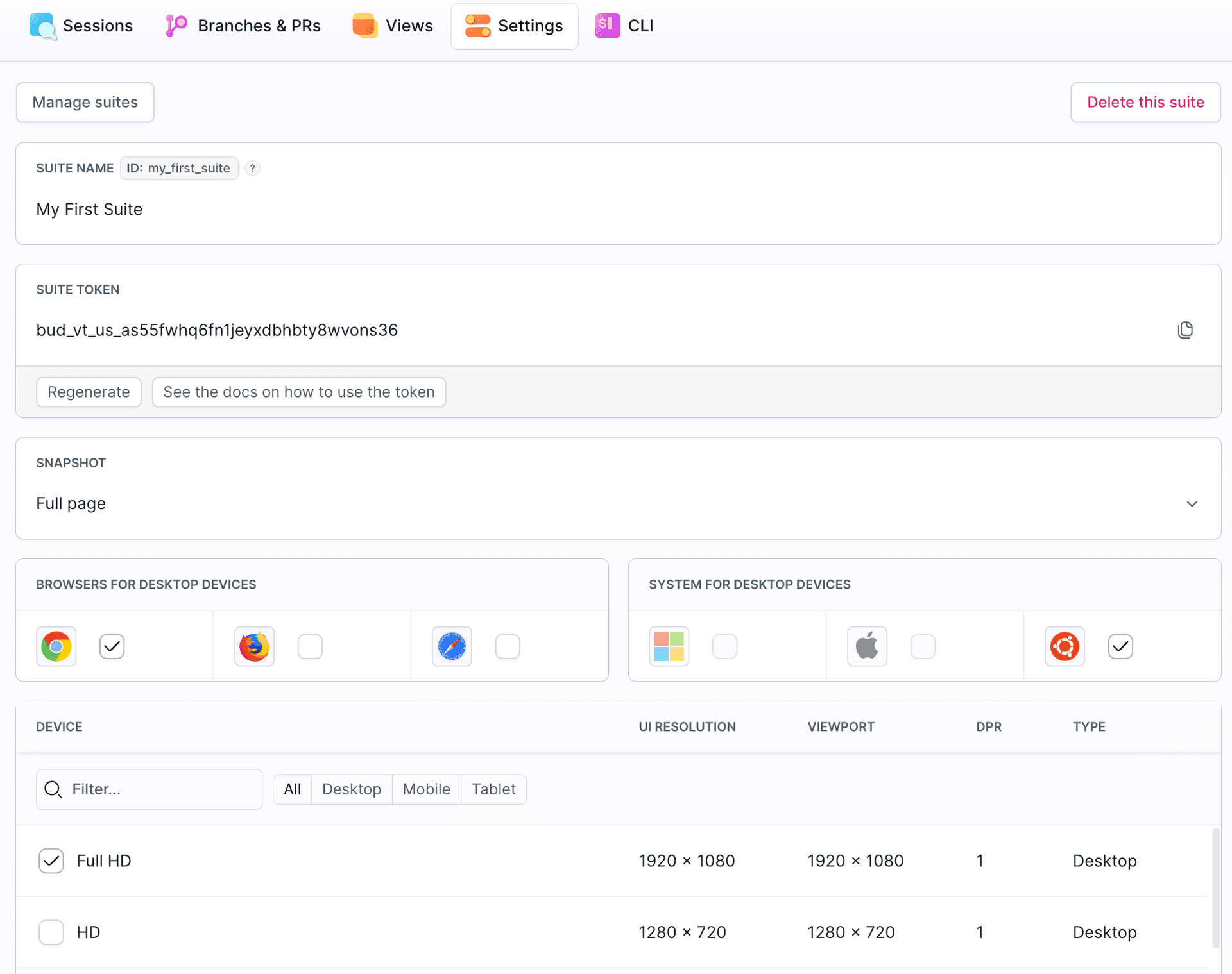 Visual Tests suite settings - name, token, snapshot mode, browsers and systems