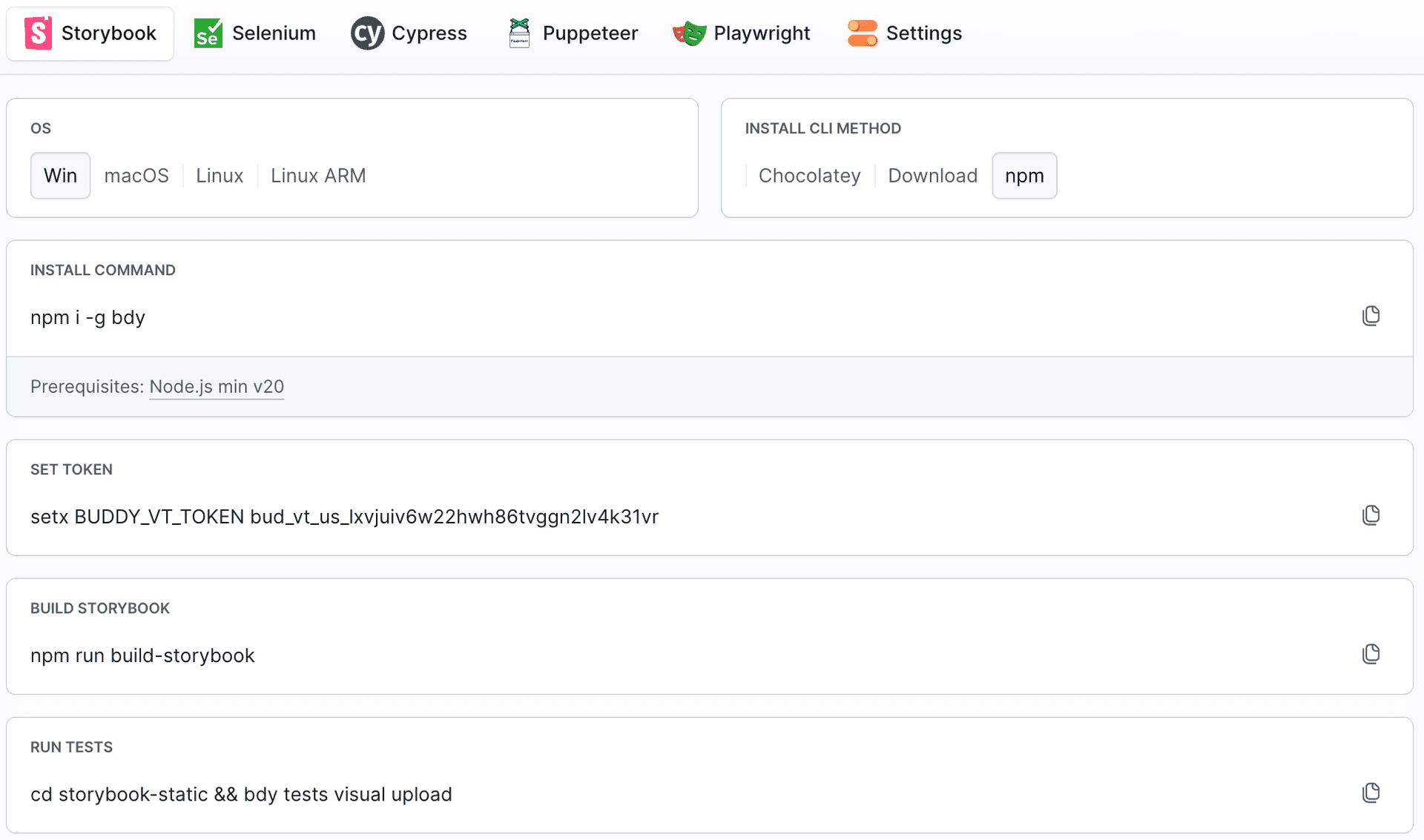 Visual Tests suite onboarding with framework tabs