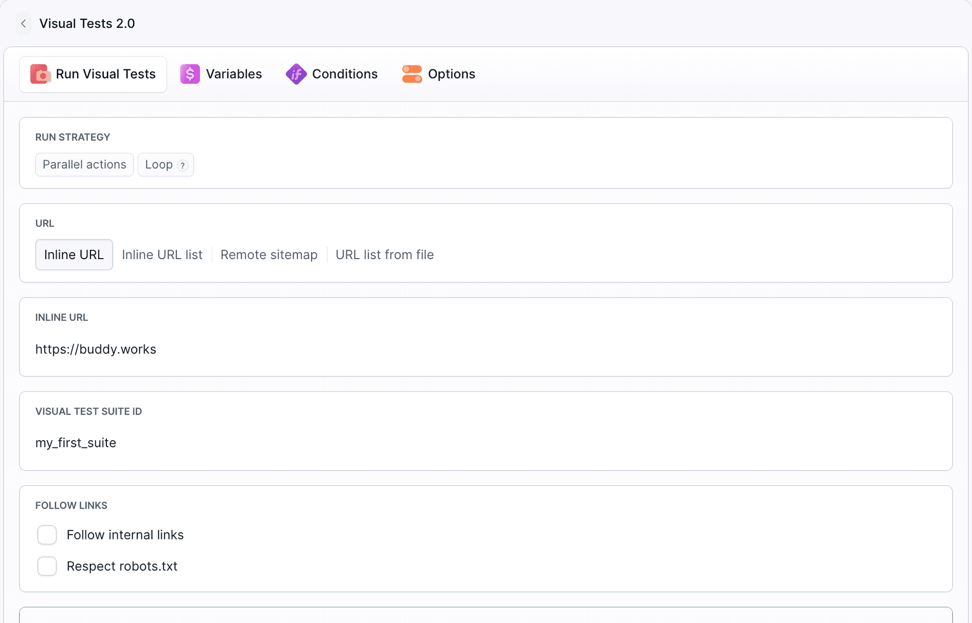 Visual Tests action configuration