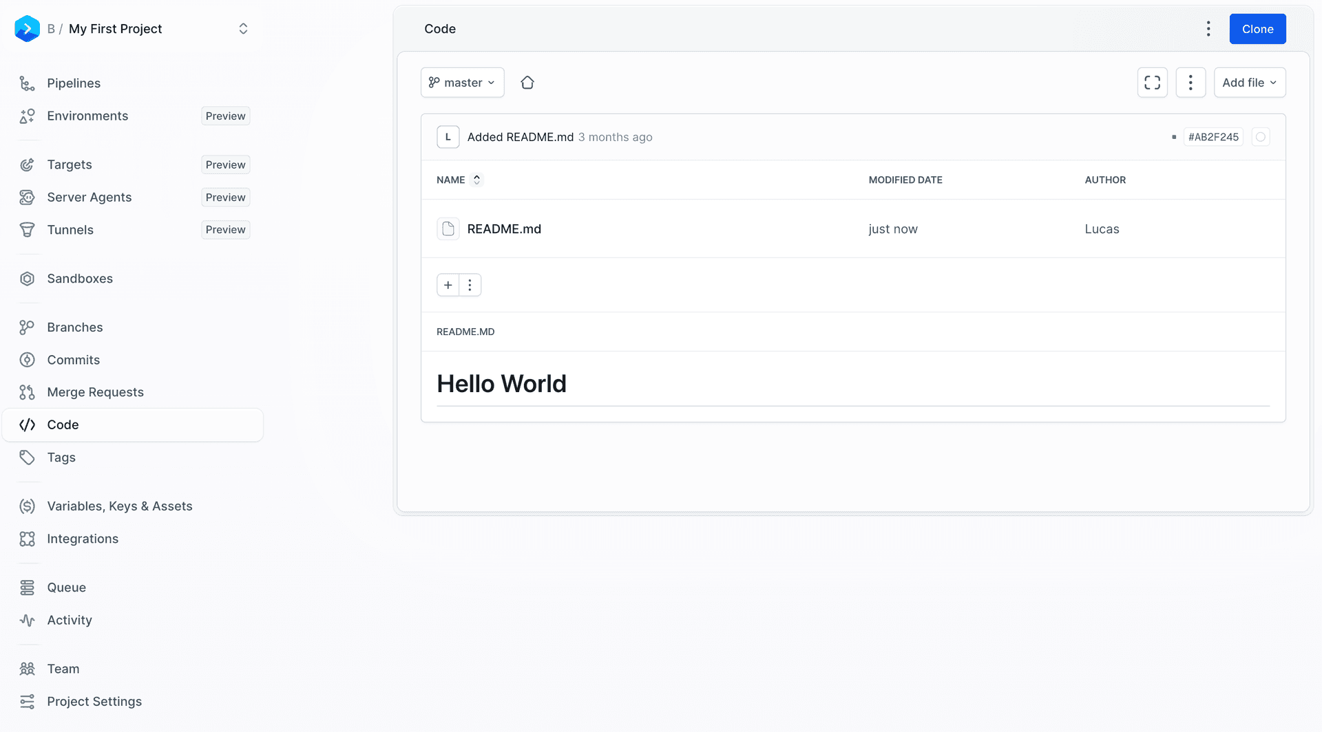 Cloning your repository via the Code tab