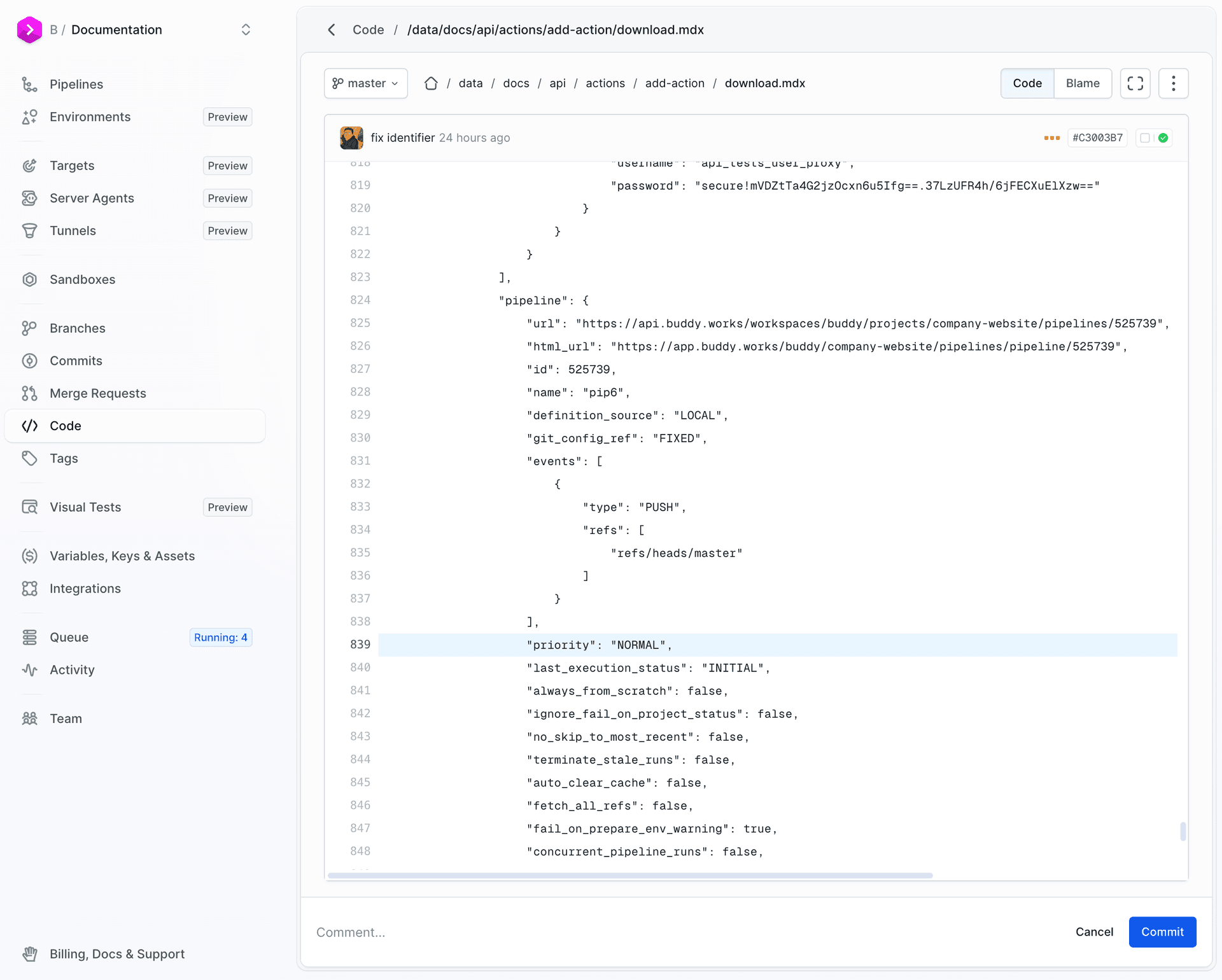 Committing changes in code editor