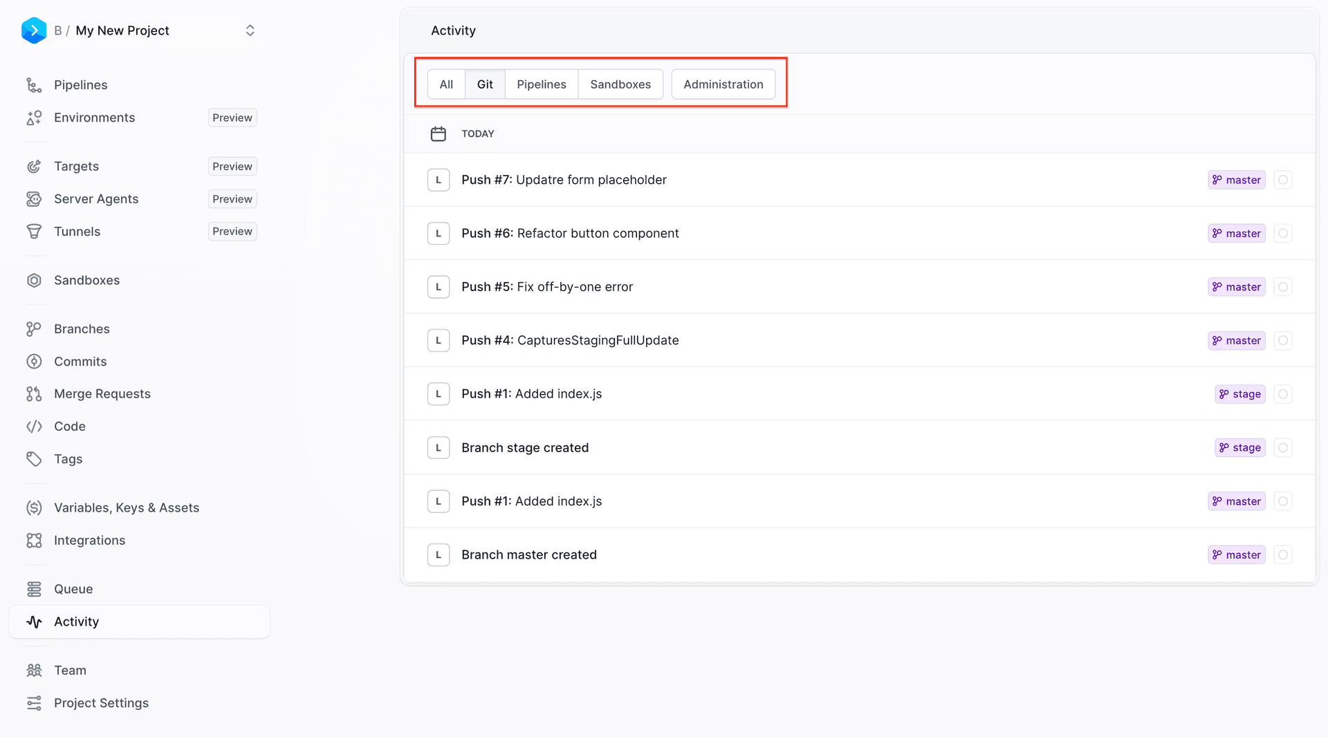 Global activity stream restricted to Git events