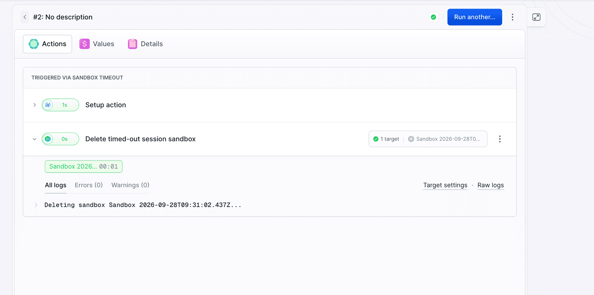 Run of the agent-session-cleanup pipeline with the Triggered via sandbox timeout header, the Delete timed-out session sandbox action in green, and the log line Deleting sandbox Sandbox 2026-09-28T09:31:02.437Z
