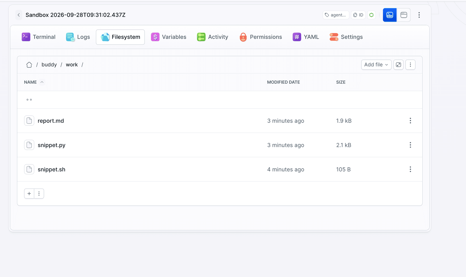 Filesystem tab of the session sandbox, the /buddy/work directory with report.md, snippet.py and snippet.sh