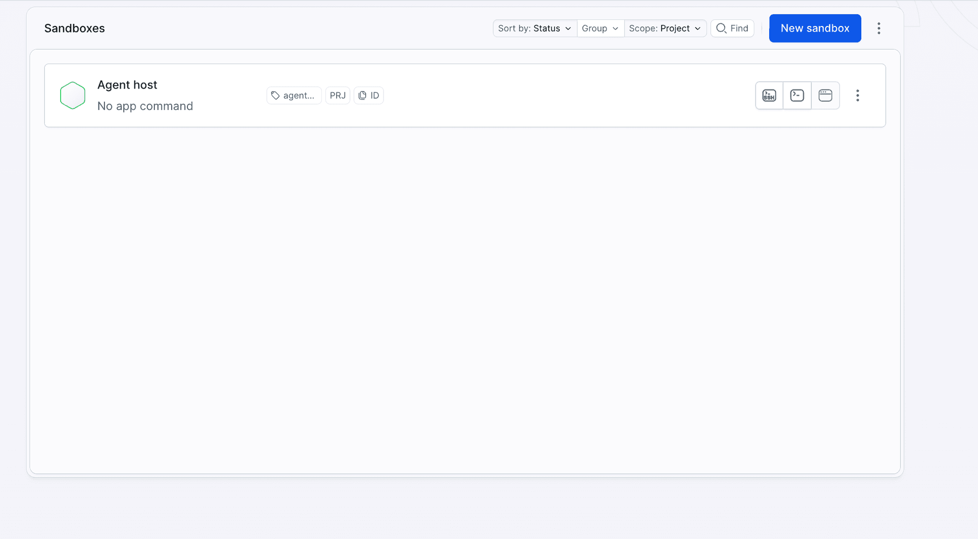 Sandbox list of the project after cleanup: only Agent host as Running, the session sandbox is gone