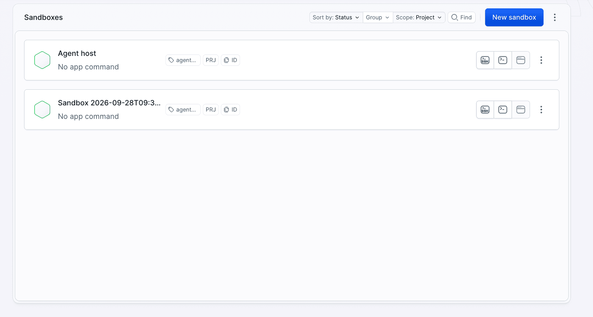 Sandbox list of the sandboxes-ai-code-exec project during an agent session: the Agent host sandbox as Running and a second one, Sandbox 2026-09-28T09:31:02.437Z, with the agent-session tag, just created