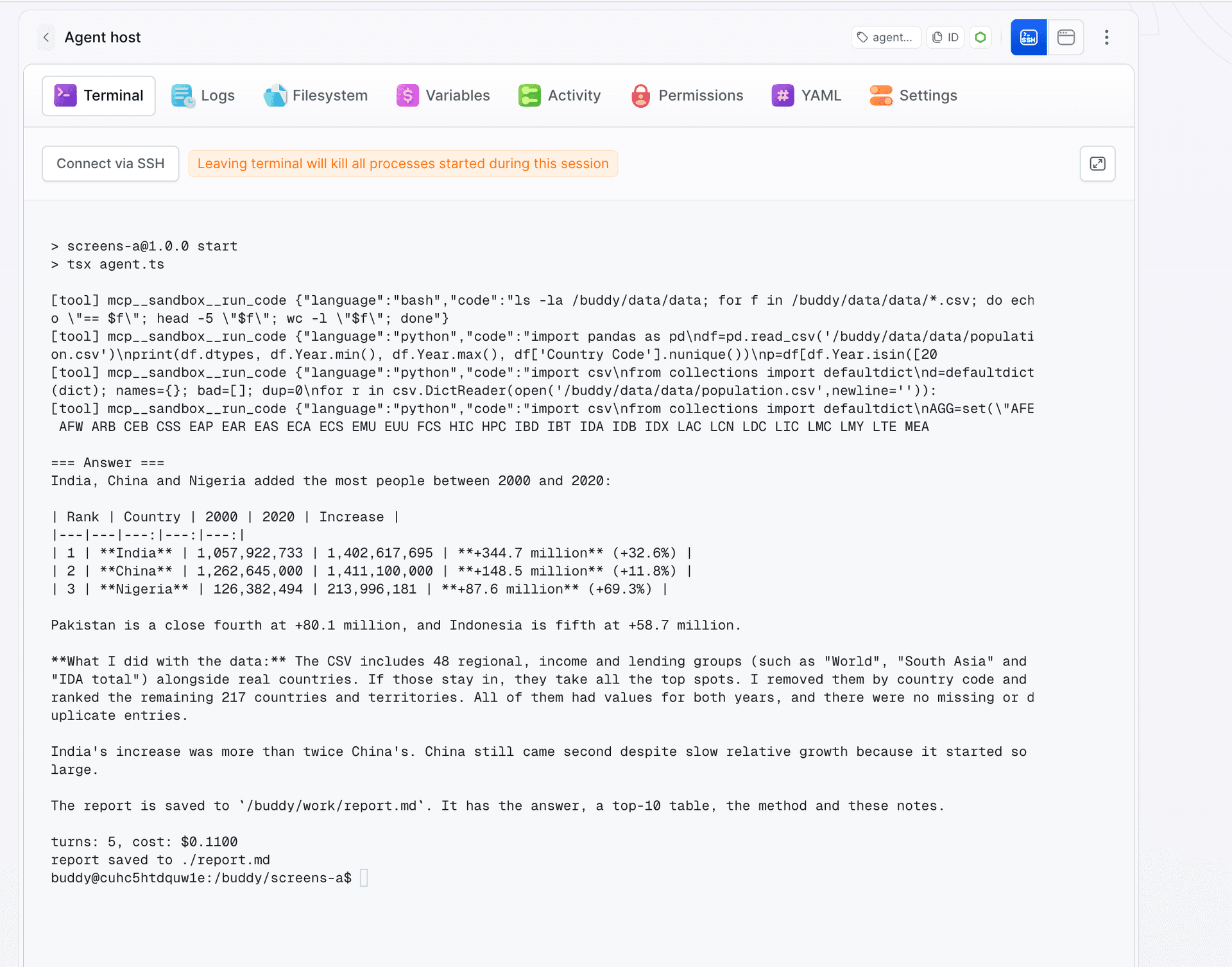 Terminal with npm start running: consecutive [tool] mcp__sandbox__run_code lines with bash and python code fragments, then the Answer block with a table of India, China and Nigeria, and turns, cost and report saved at the end