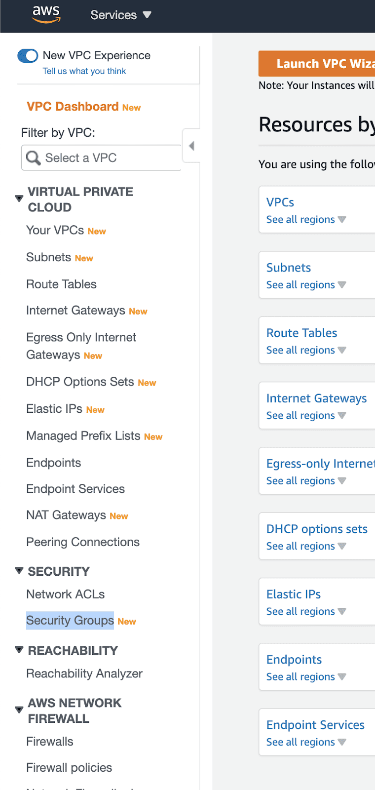 Security Groups location in AWS services