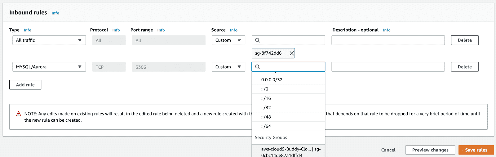 Inbound rules configuration settings