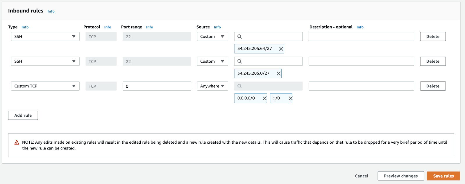 Saving new inbound rules