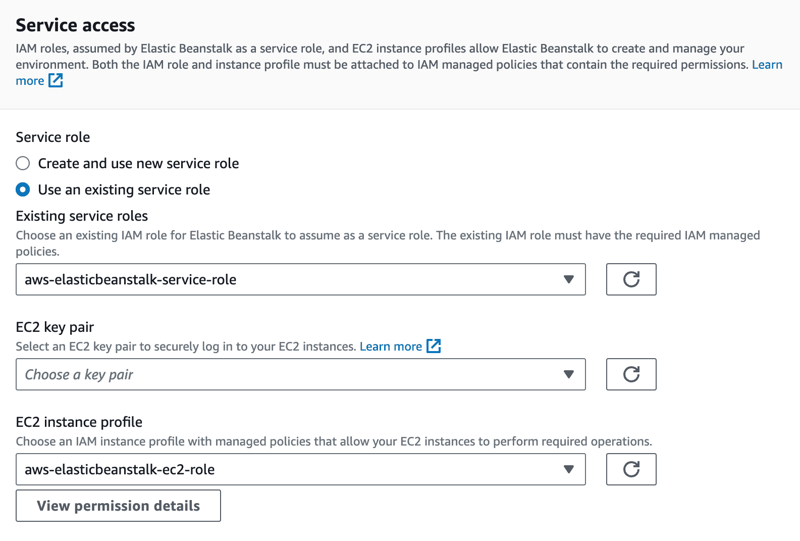 Elastic Beanstalk service access configuration