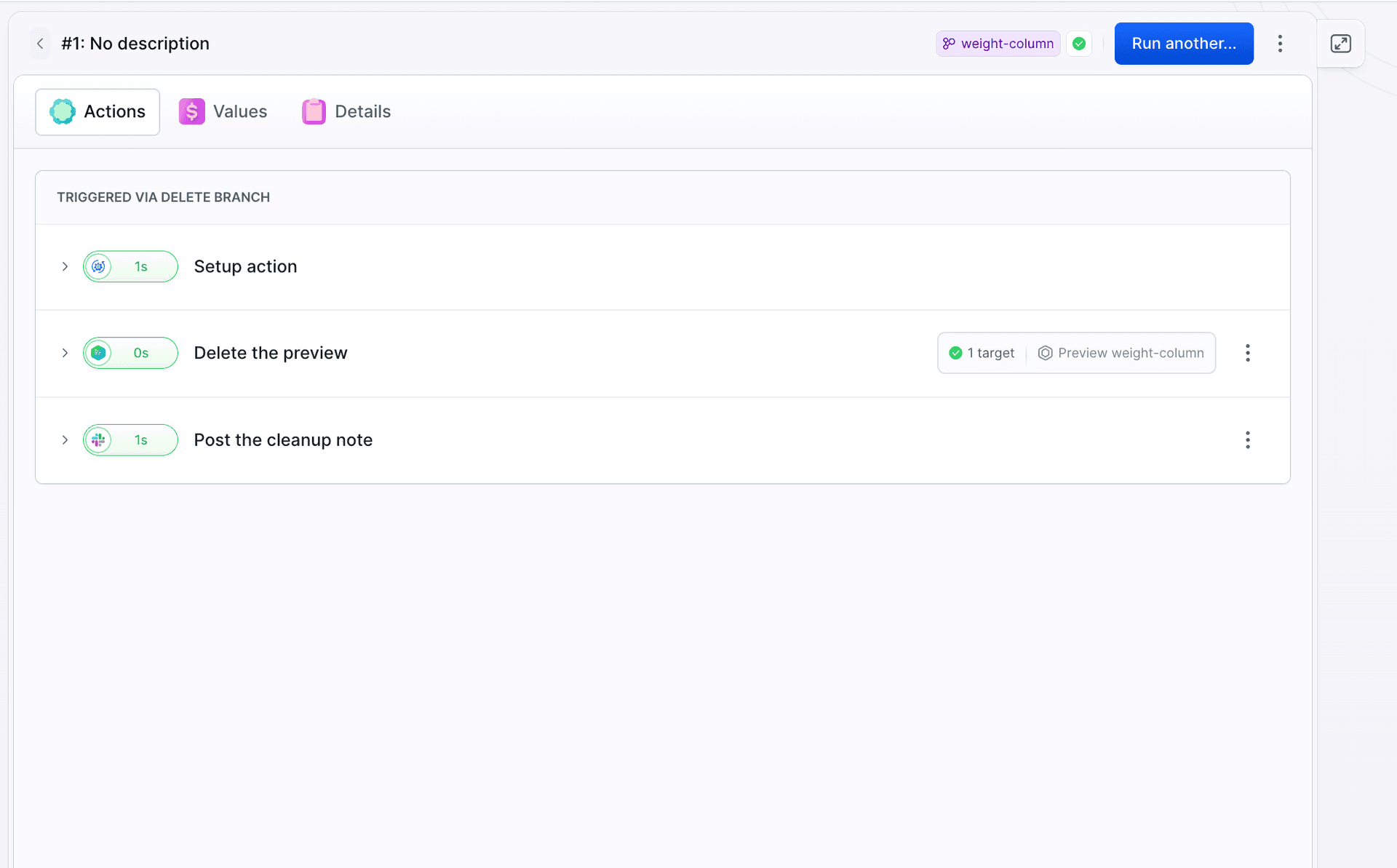 Run of the preview-delete pipeline marked TRIGGERED VIA DELETE BRANCH, green actions Delete the preview and Post the cleanup note