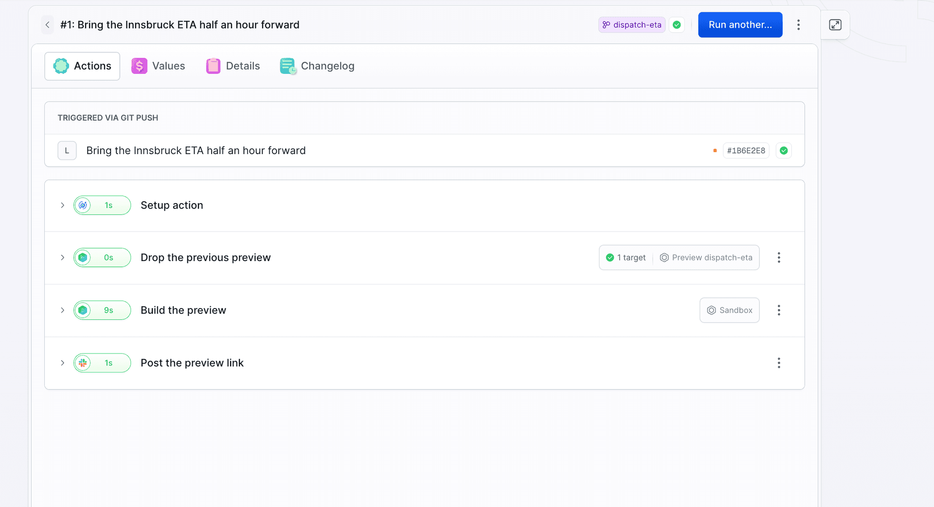 Run of the preview-up pipeline marked TRIGGERED VIA GIT PUSH, three green actions: Drop the previous preview, Build the preview, Post the preview link