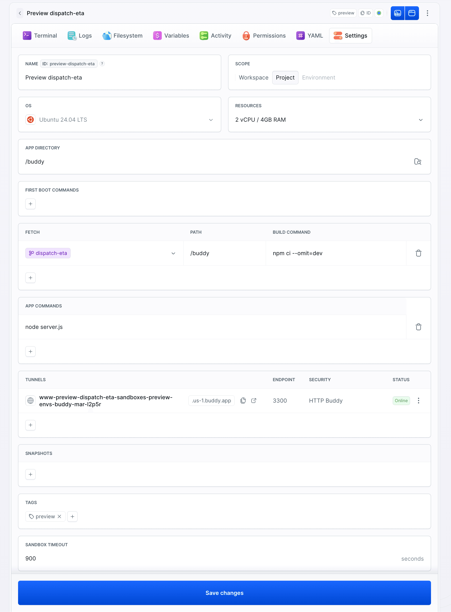 Preview sandbox settings: fetch from the branch into /buddy, app command node server.js, tunnel on port 3300 with Online status, preview tag and a sandbox timeout of 900 seconds