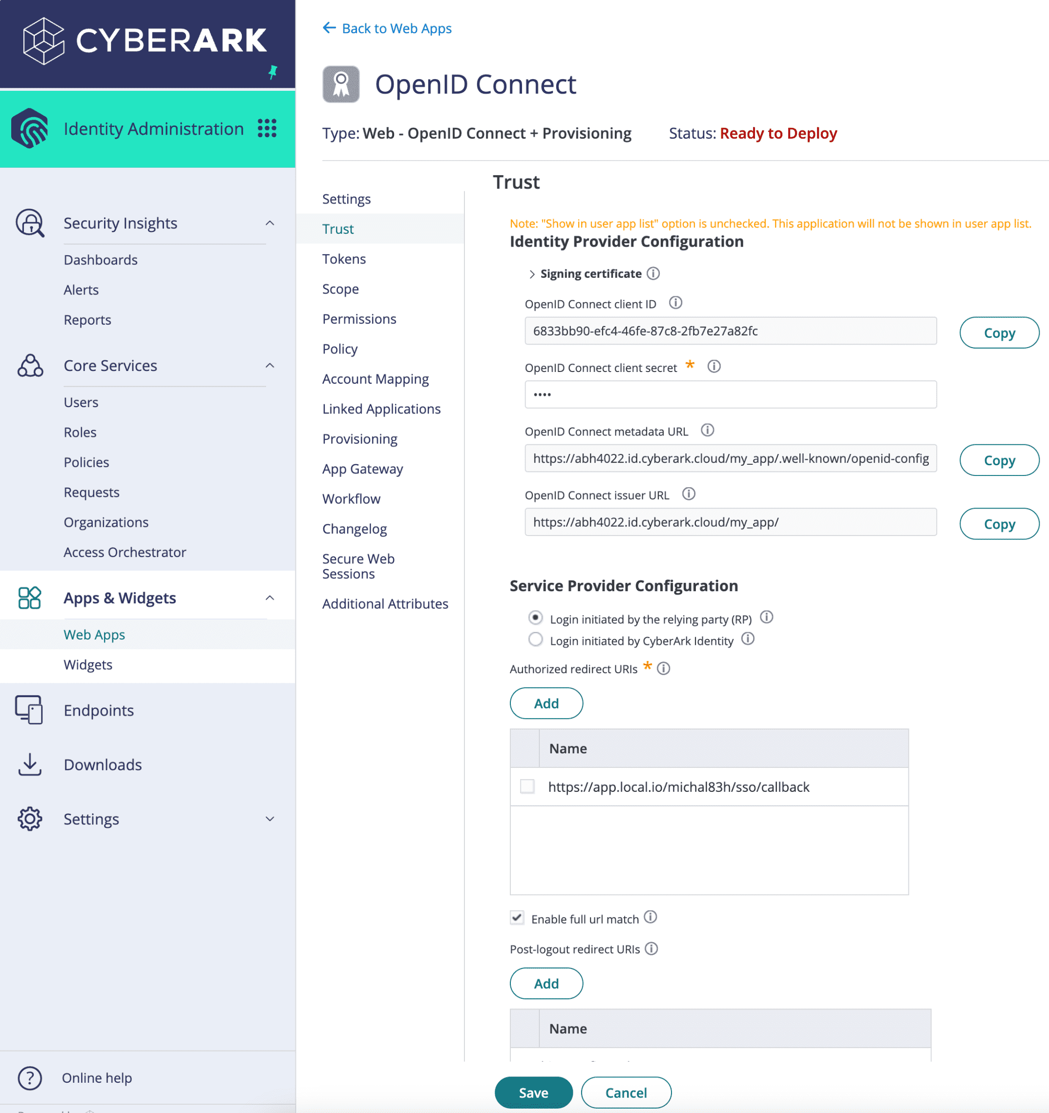 OIDC panel in CyberArk