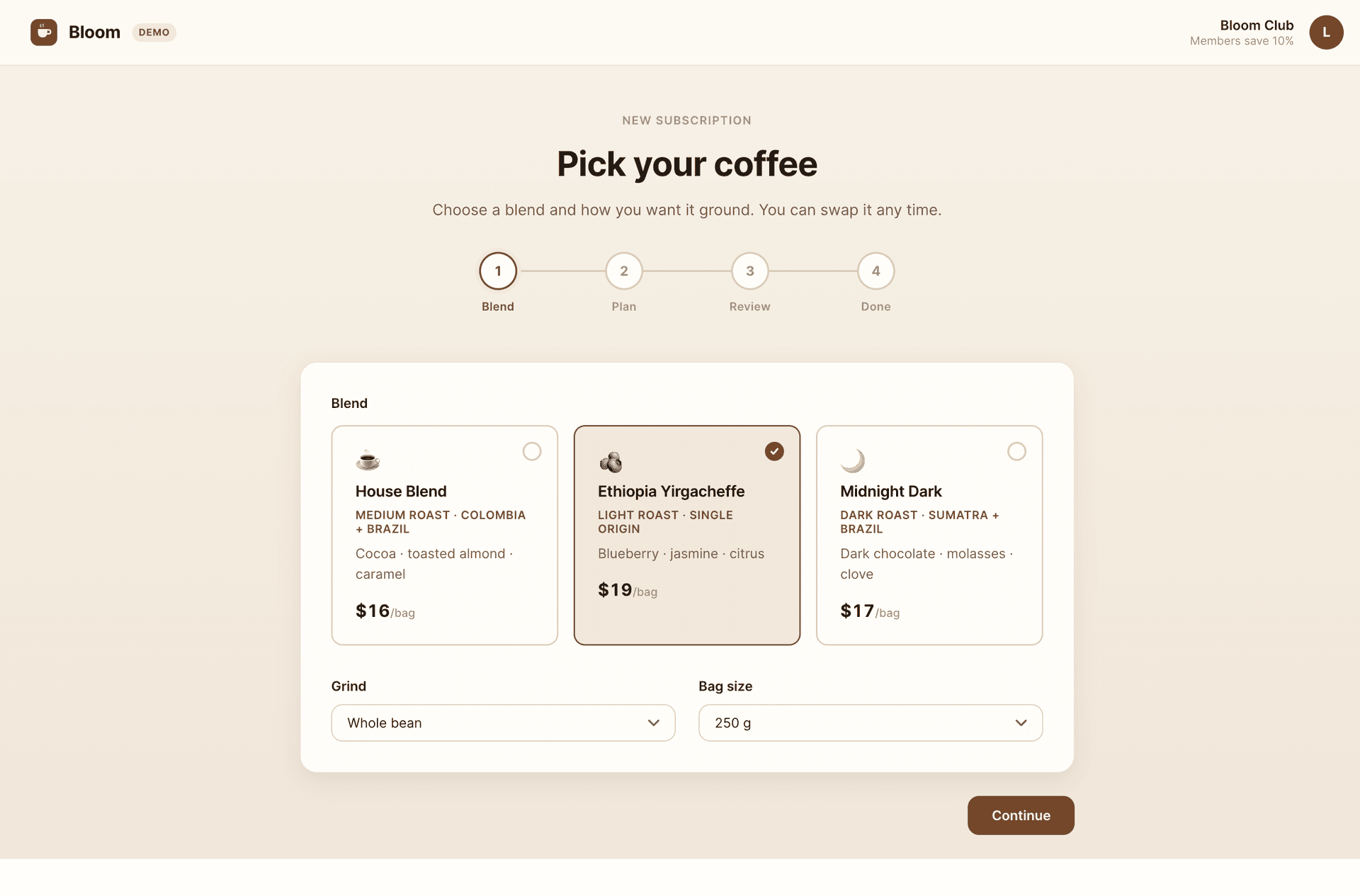 Blend step: three blend cards, Ethiopia selected by default, grind and bag size pickers