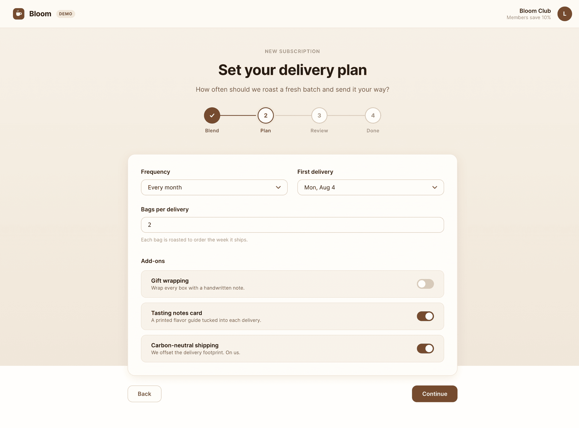 Plan step: frequency, first delivery, bag count, and three toggleable add-ons