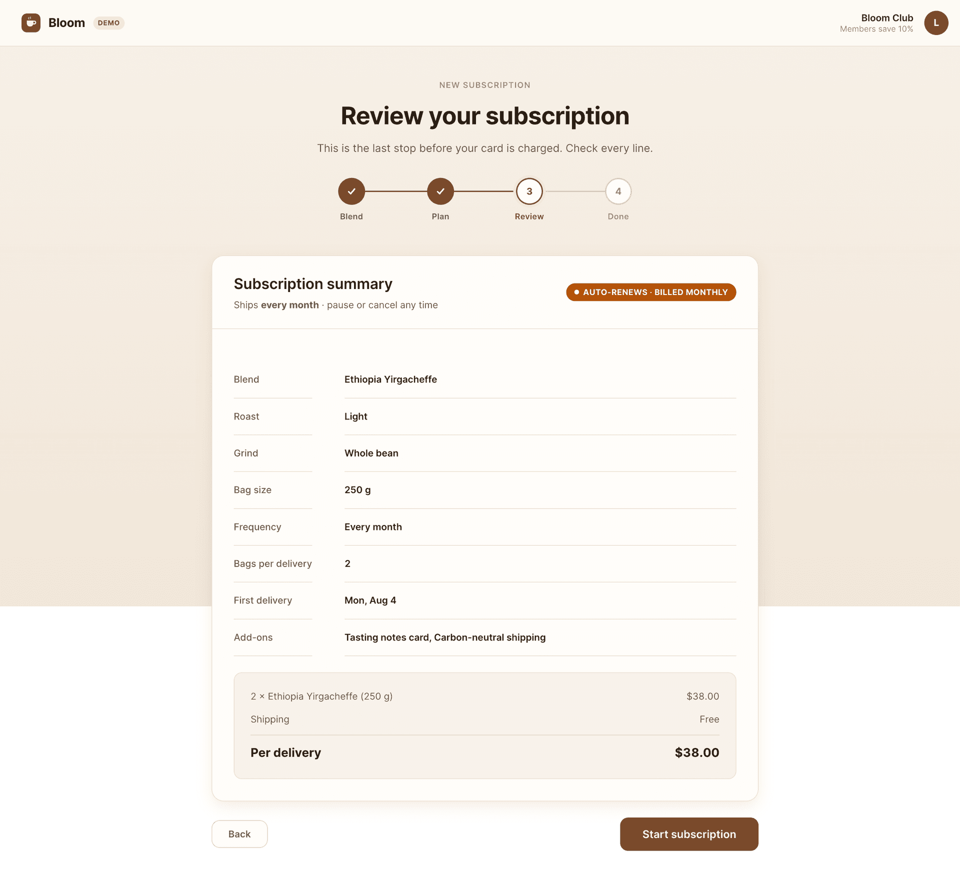 Review screen: subscription summary with a loud amber AUTO-RENEWS · BILLED MONTHLY badge