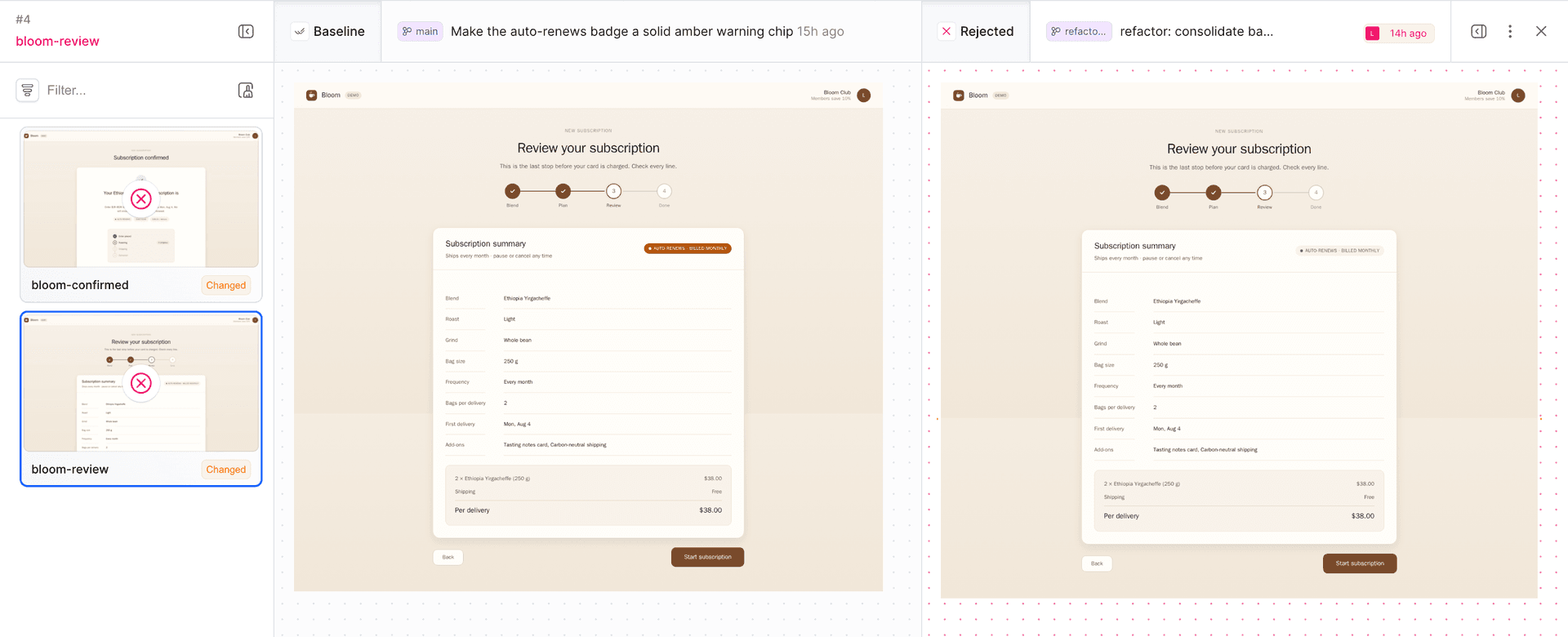 bloom-review side-by-side diff: baseline on the left with a loud amber badge, rejected version on the right with the badge faded to a neutral pill