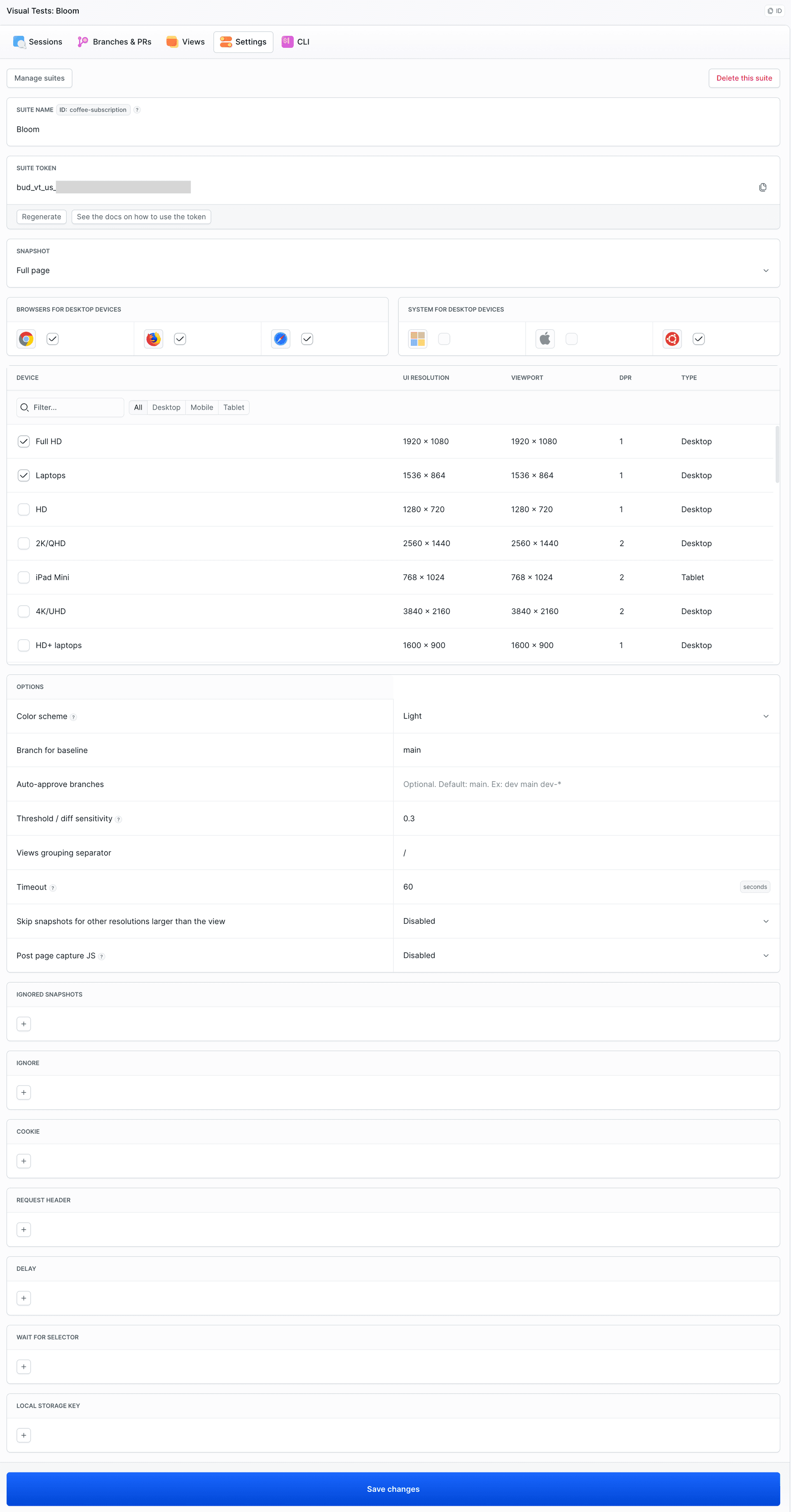 Suite settings: Full page mode, Chrome/Firefox/Safari, device list, threshold, baseline branch, and color scheme