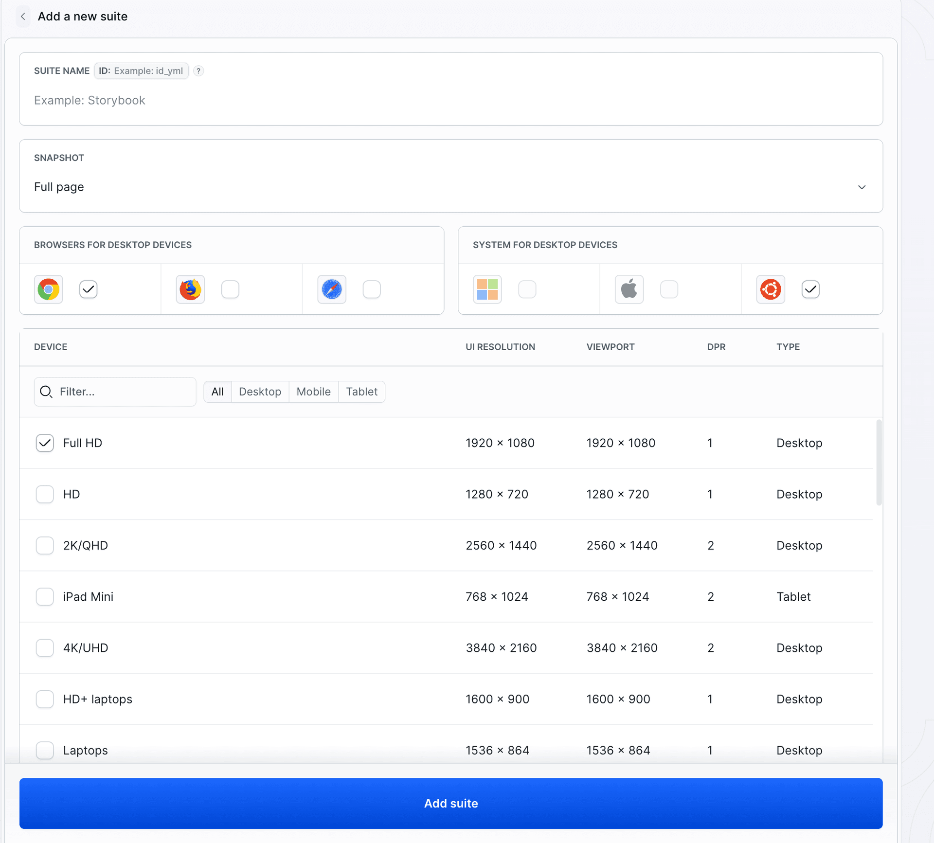 New suite screen: name, snapshot mode, browsers, OS, and device list