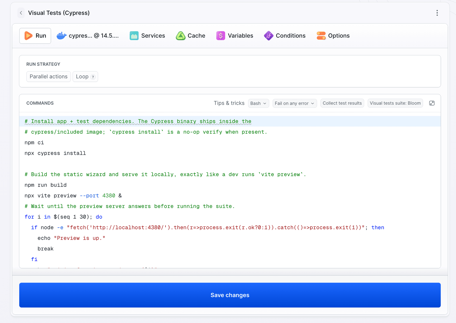 Visual Tests (Cypress) action window: command script and Visual tests suite: Bloom chip