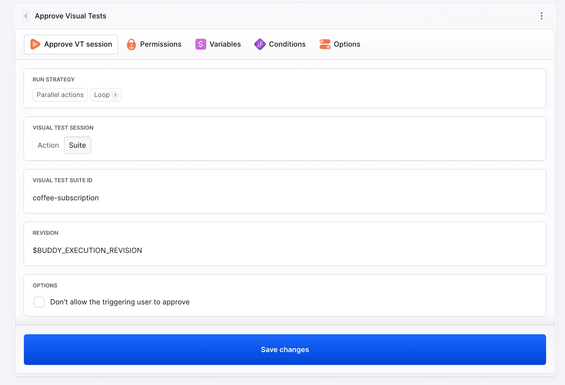 Approve Visual Tests action window: suite ID coffee-subscription, revision $BUDDY_EXECUTION_REVISION