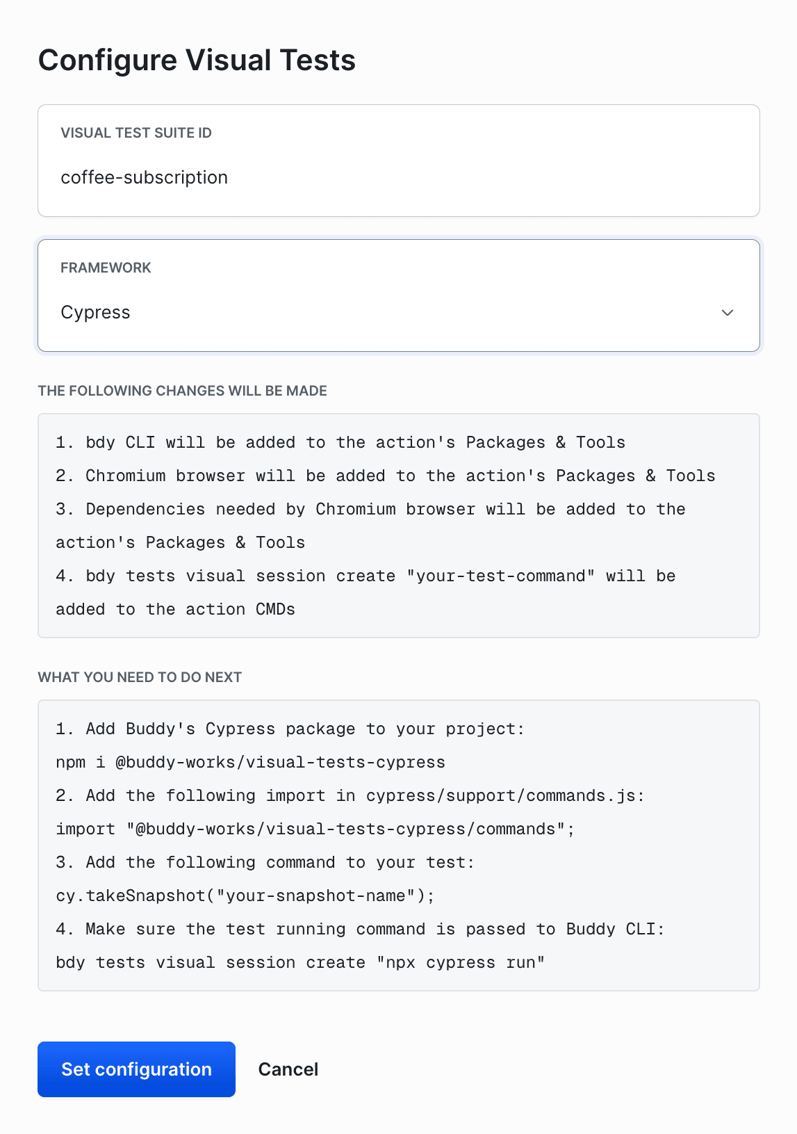 Configure Visual Tests modal: suite ID, framework picker, the list of changes Buddy will make, and the next steps