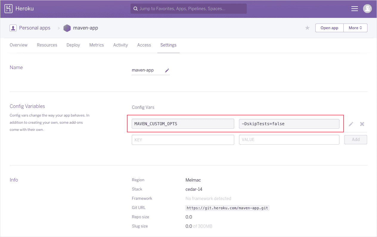 Setting config variables in the Heroku app