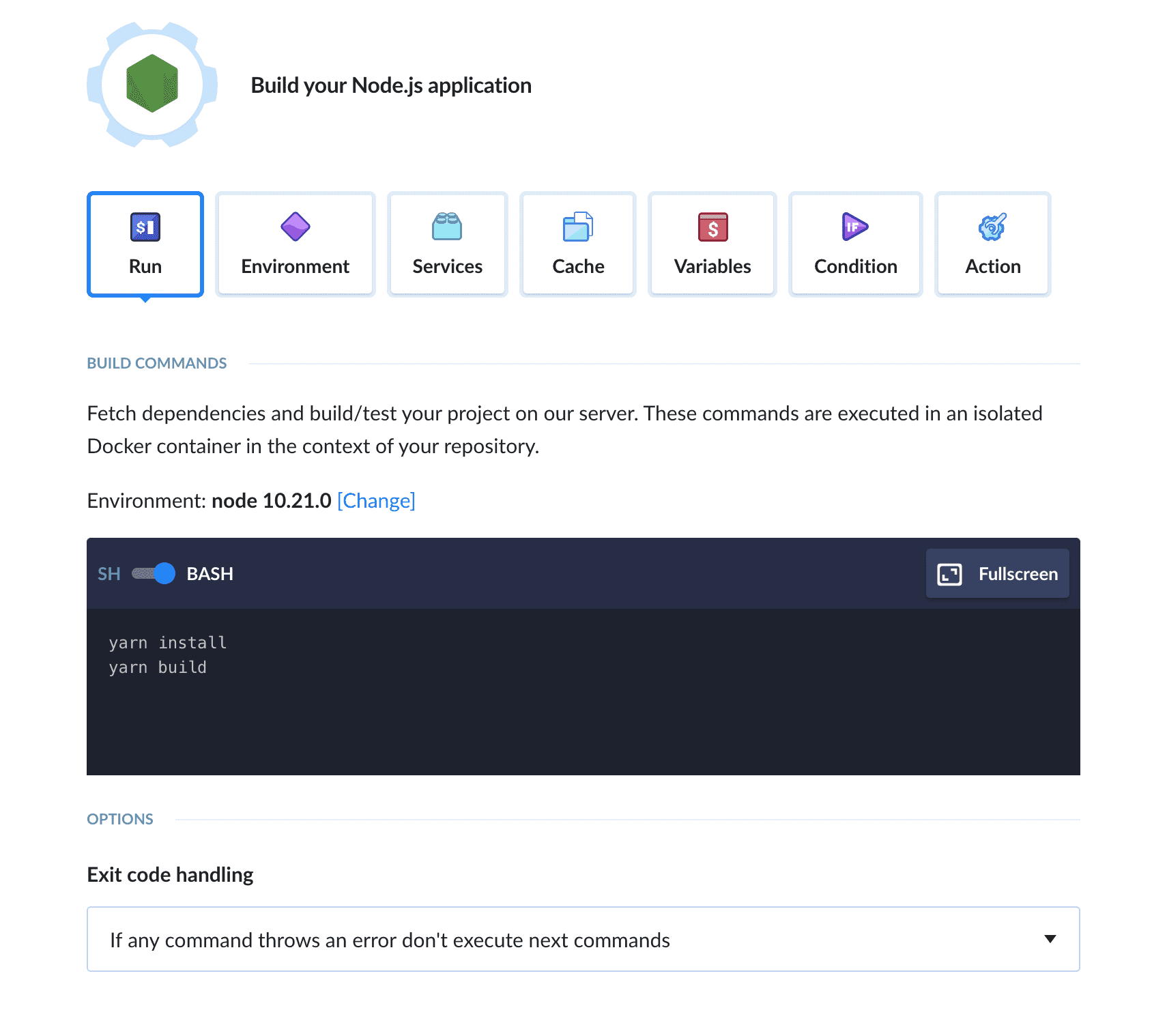 Configuring Node action in testing environment