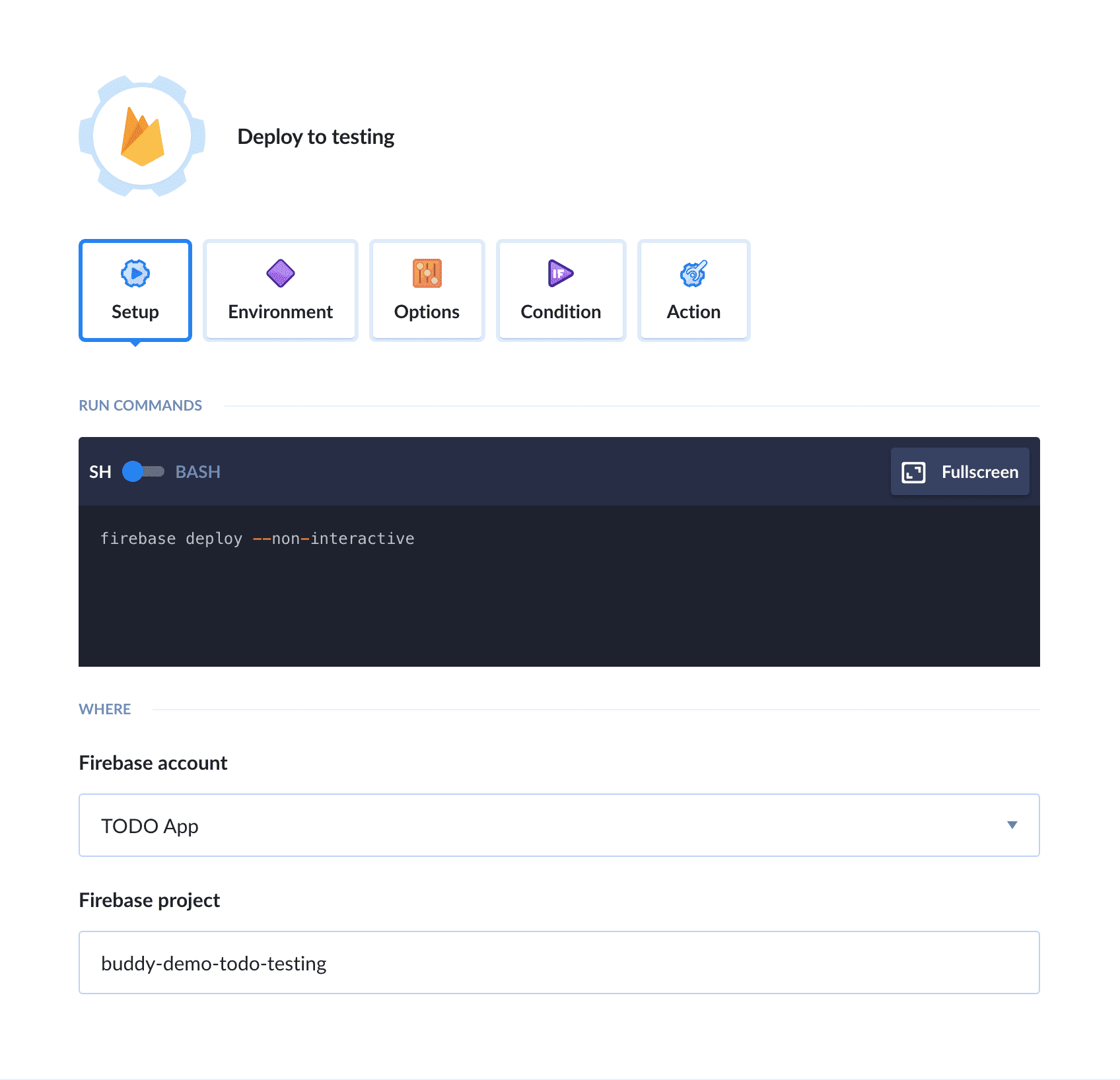 Configuring Firebase deployment in testing environment