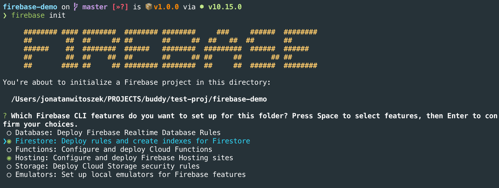 Selecting options in firebase init