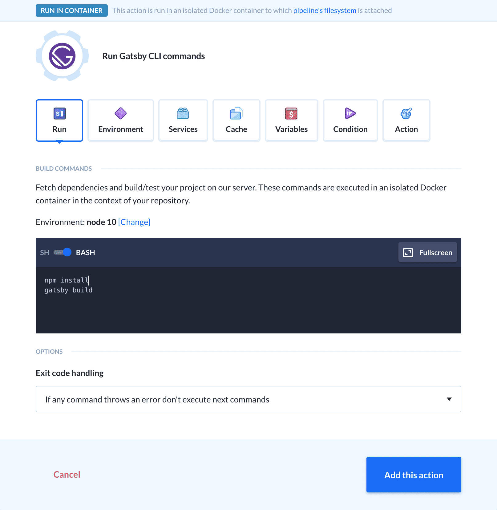 Gatsby CLI action configuration