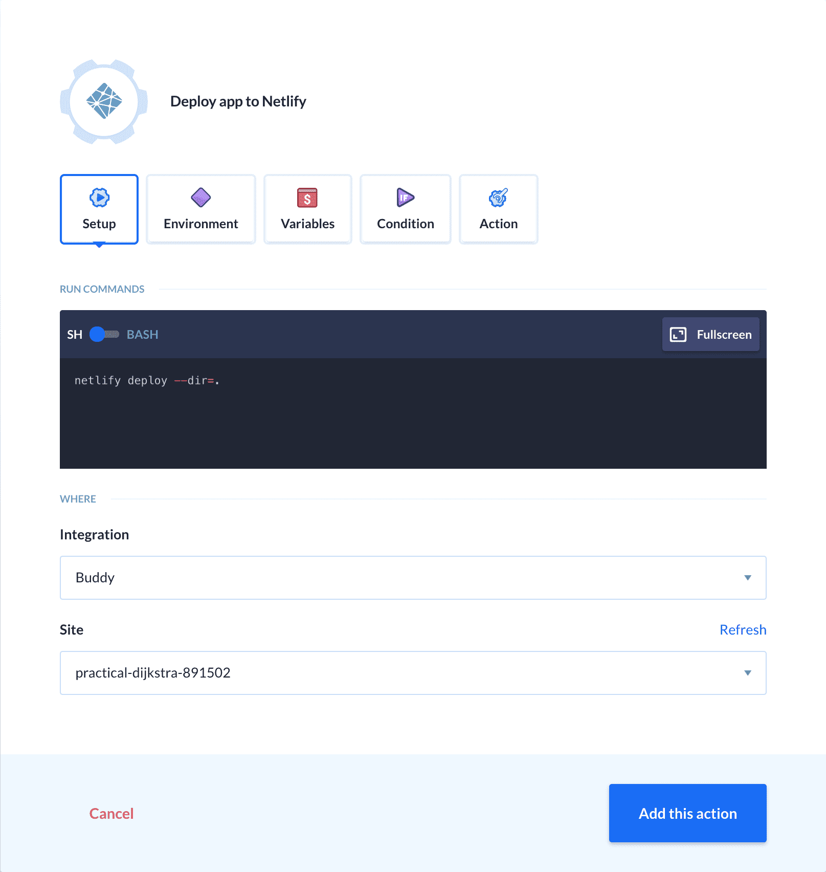 Netlify action configuration