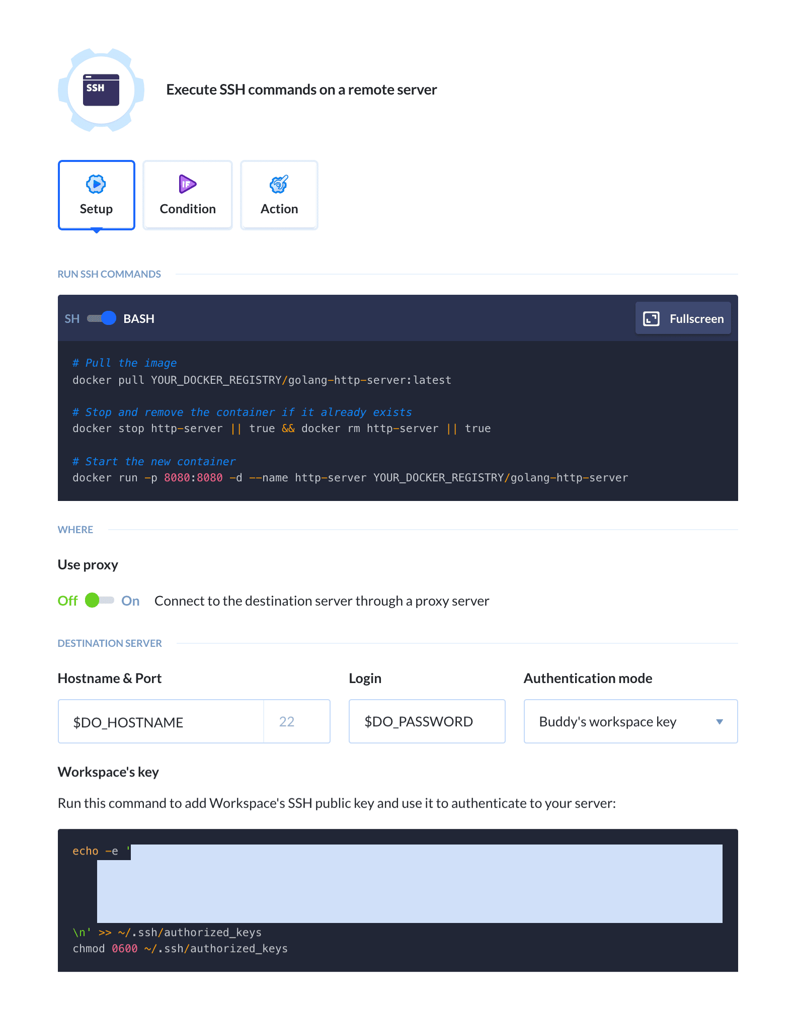 SSH action configuration