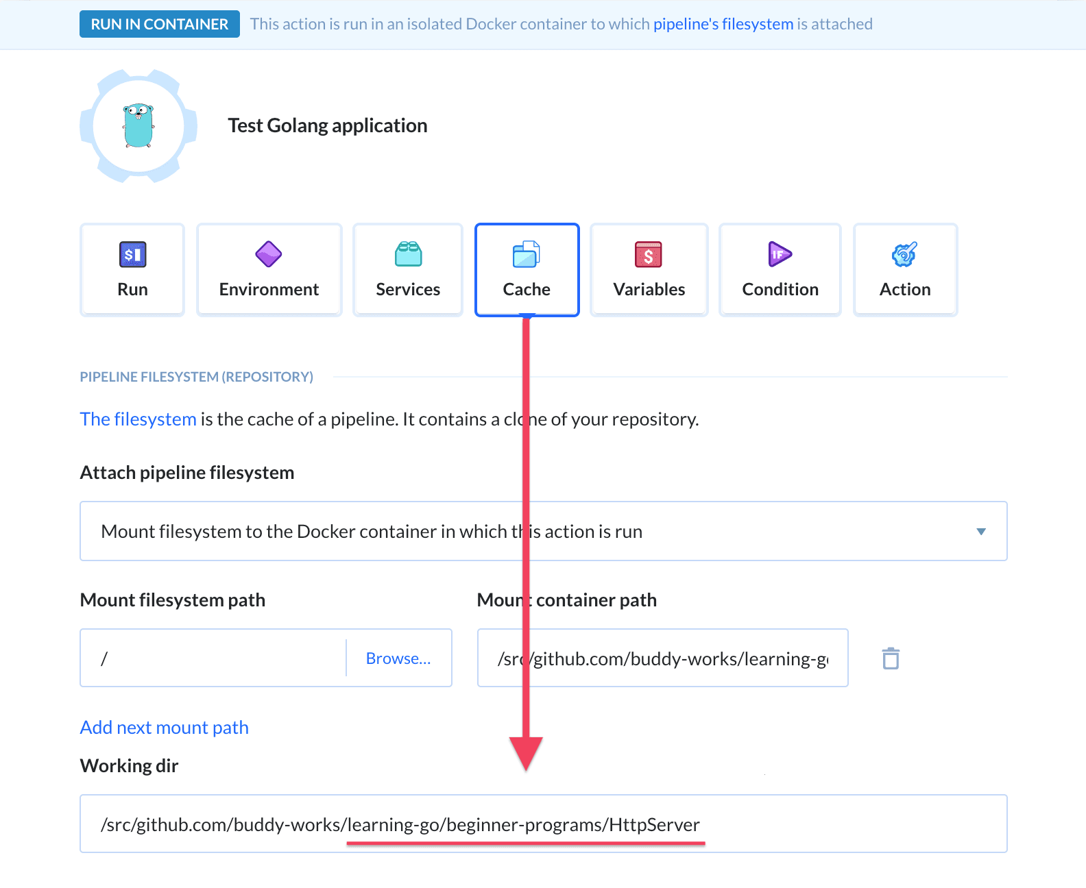 Golang action workdir