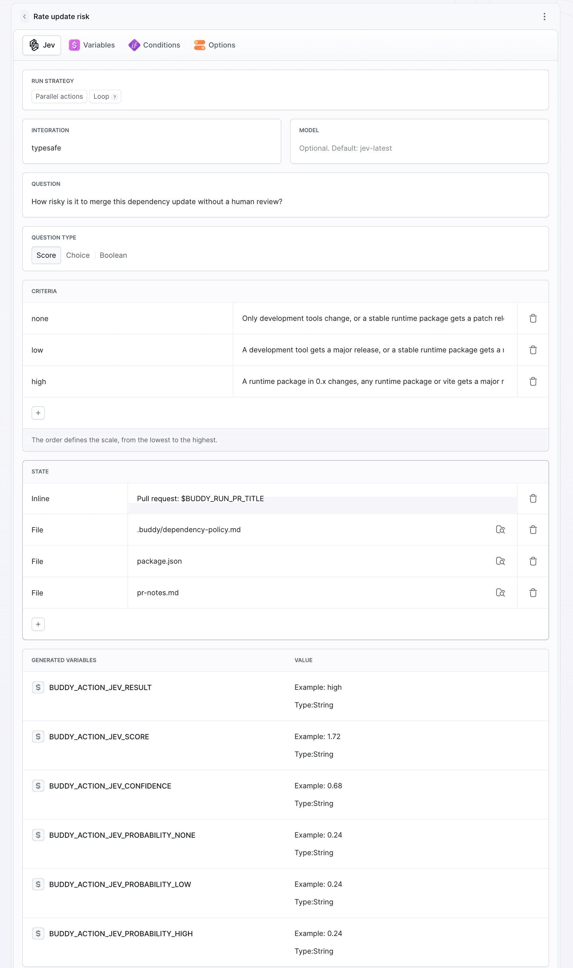 Rate update risk action in Buddy: typesafe integration, question How risky is it to merge this dependency update without a human review?, question type Score, criteria none, low and high, state with the pull request title, .buddy/dependency-policy.md, package.json and pr-notes.md, and the generated variables BUDDY_ACTION_JEV_RESULT, SCORE, CONFIDENCE and PROBABILITY per level
