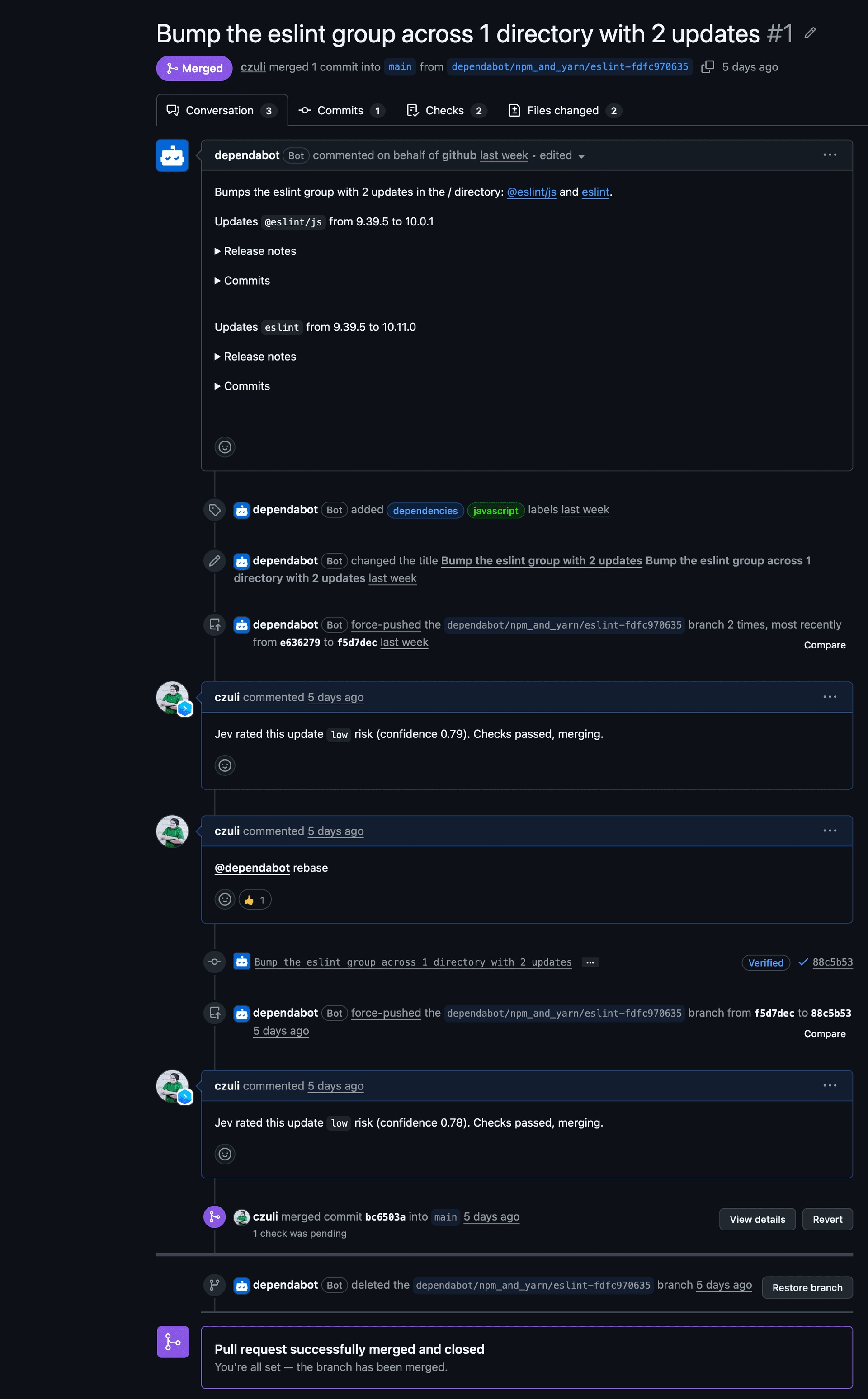 Pull request #1 Bump the eslint group: Jev rated this update low risk (confidence 0.79), then @dependabot rebase and a force-push from Dependabot, a second rating low risk (confidence 0.78), and the squash merge of commit bc6503a into main