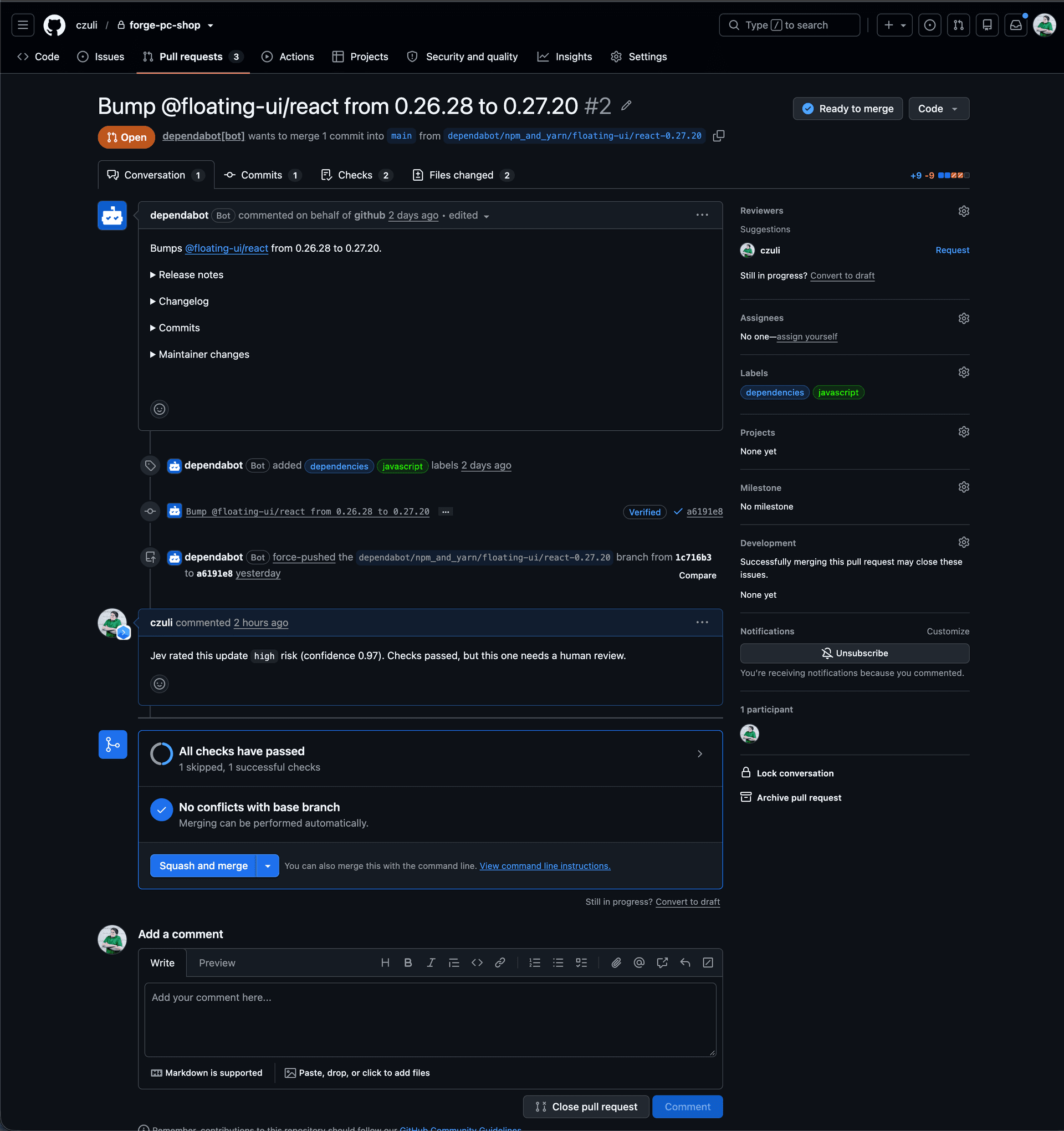 Pull request #2 Bump @floating-ui/react from 0.26.28 to 0.27.20: all checks passed and the branch can be merged, but the pipeline comment says Jev rated this update high risk (confidence 0.97) and the update needs a human review