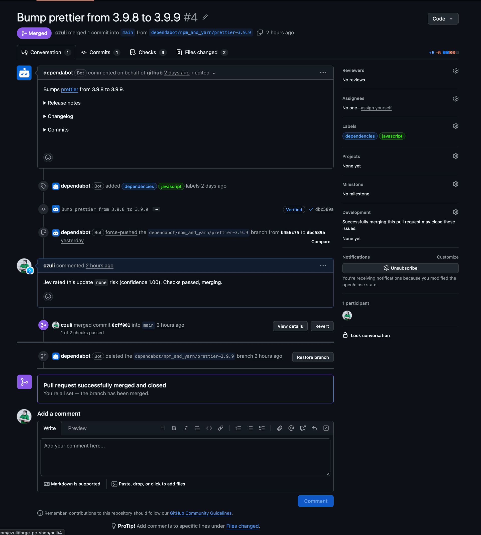 Pull request #4 Bump prettier from 3.9.8 to 3.9.9: comment Jev rated this update none risk (confidence 1.00). Checks passed, merging., followed by the squash merge into main
