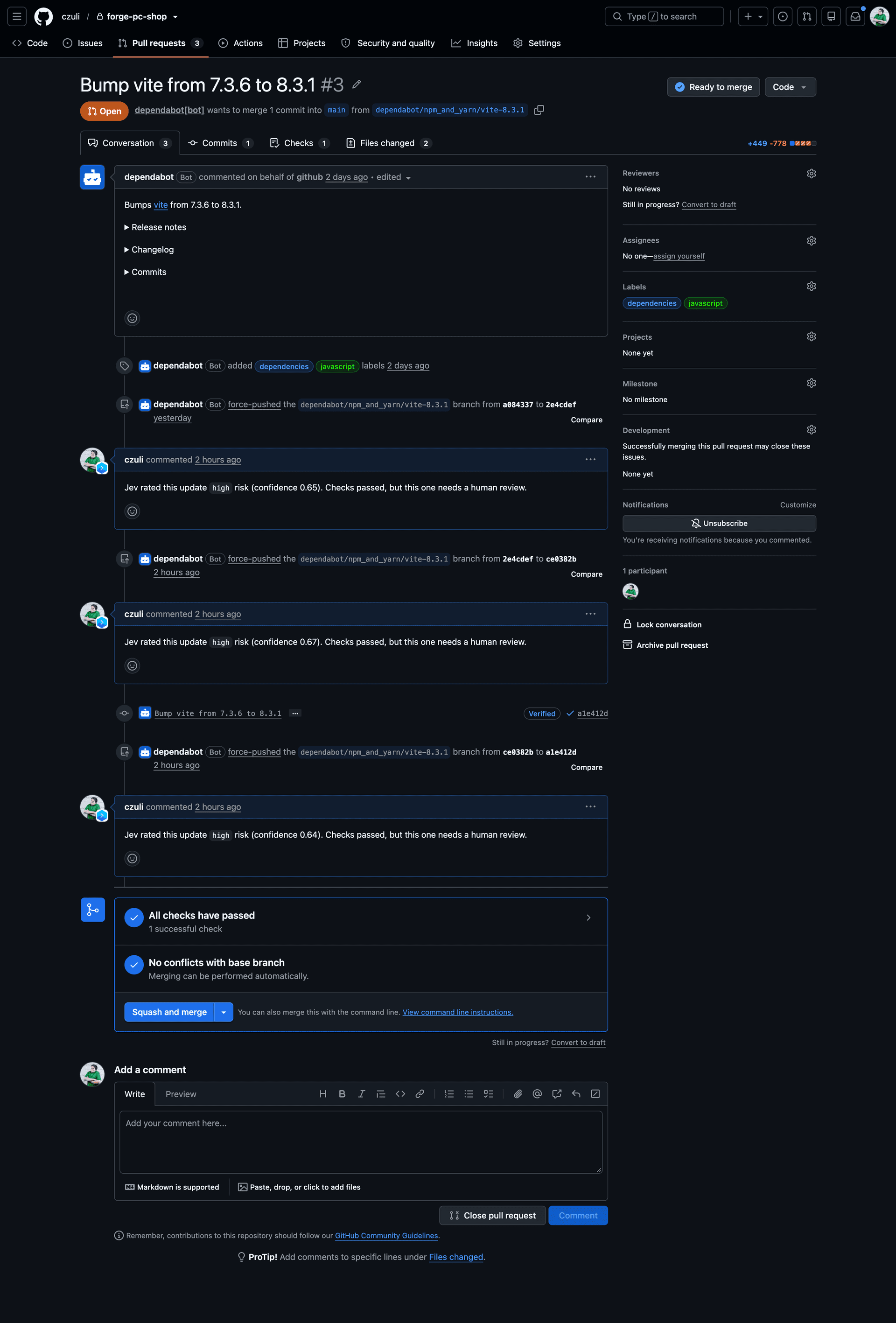 Pull request #3 Bump vite from 7.3.6 to 8.3.1: three comments after successive force-pushes, Jev rated this update high risk with confidence 0.65, 0.67 and 0.64, each one asking for a human review