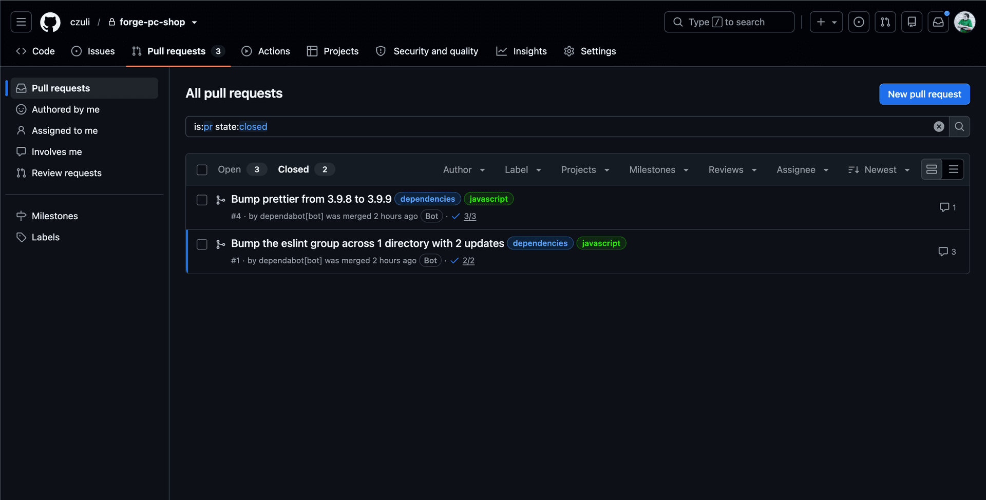 Closed pull requests: Bump prettier from 3.9.8 to 3.9.9 and Bump the eslint group across 1 directory with 2 updates, both merged