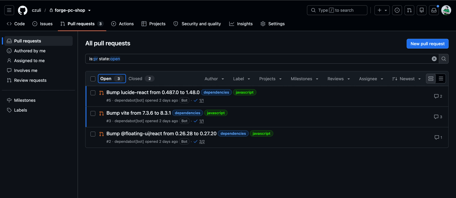 Open pull requests: lucide-react 0.487.0 to 1.48.0, vite 7.3.6 to 8.3.1 and @floating-ui/react 0.26.28 to 0.27.20, all with passing checks