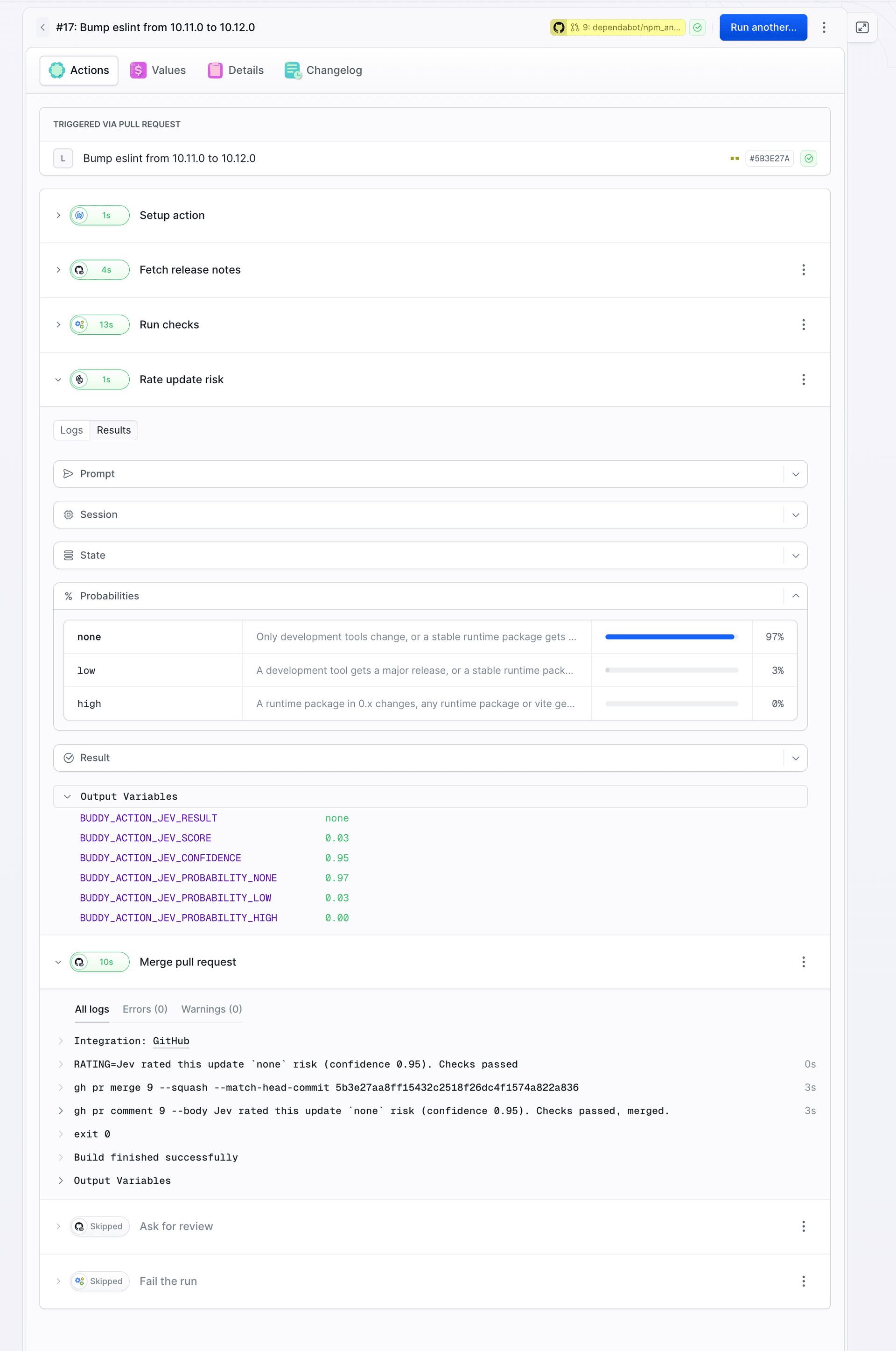 Run #17 of the Dependency review pipeline for Bump eslint from 10.11.0 to 10.12.0: Jev rates none at 97% with confidence 0.95, the Merge pull request log shows gh pr merge 9 --squash --match-head-commit, then gh pr comment with Checks passed, merged., Ask for review and Fail the run are skipped
